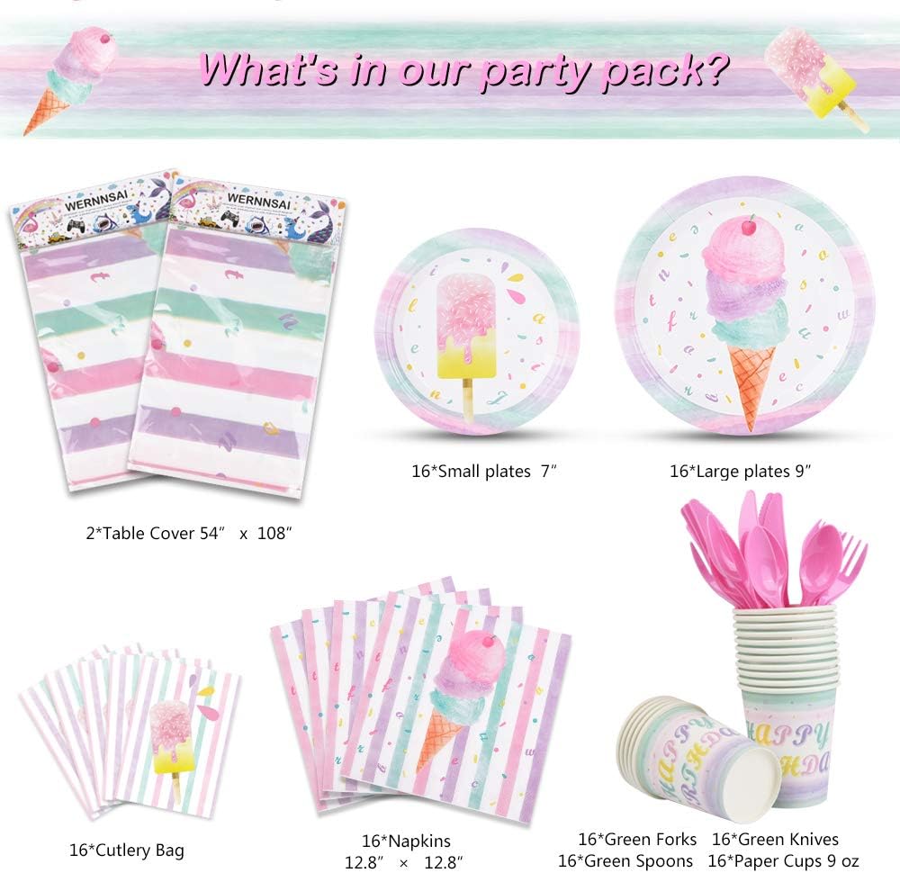 Juego de suministros para fiesta de helados  Vajilla de fiesta de paletas de helado para niñas, niños, cumpleaños, baby shower, mantel desechable,