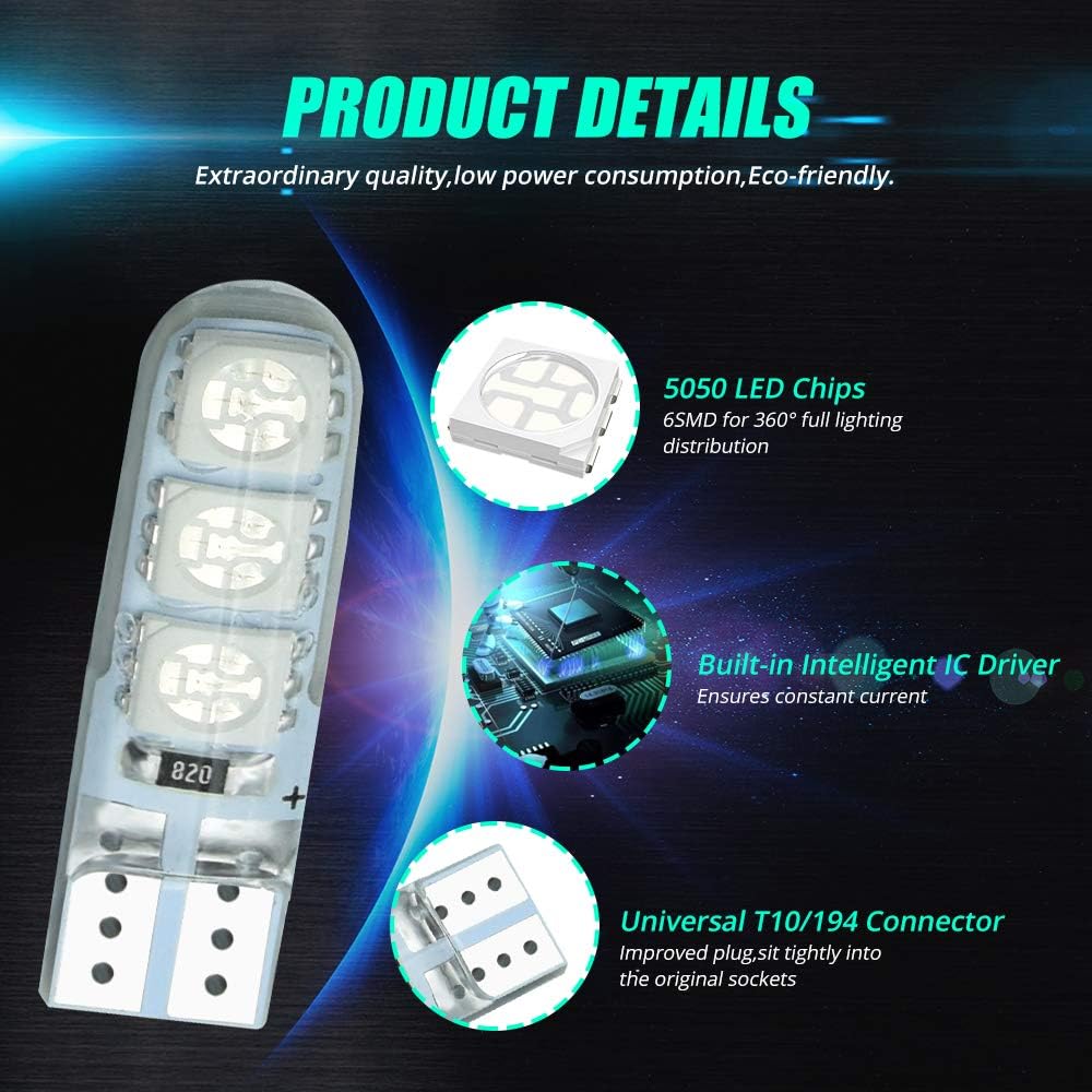 YEERON 20 bombillas LED 168 194 T10 súper brillantes 6 x 5050SMD chips COB LED lámpara para luces de cuña de puerta de marcador lateral, blanco,
