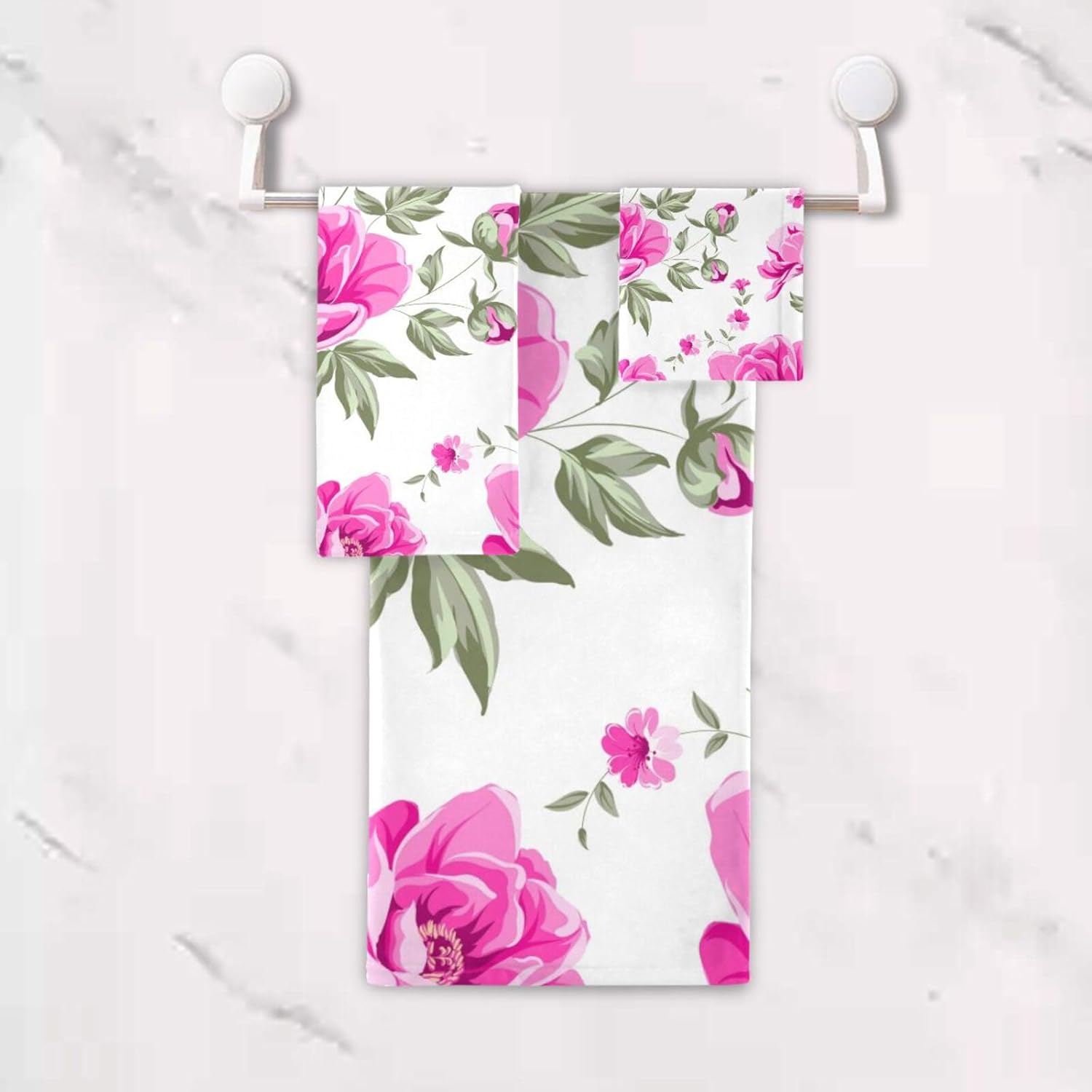 Elegante juego de 3 toallas de baño de peonía rosa, súper suaves, 1 toalla de mano, 1 paño de lavado, 1 toalla de baño, toallas decorativas para
