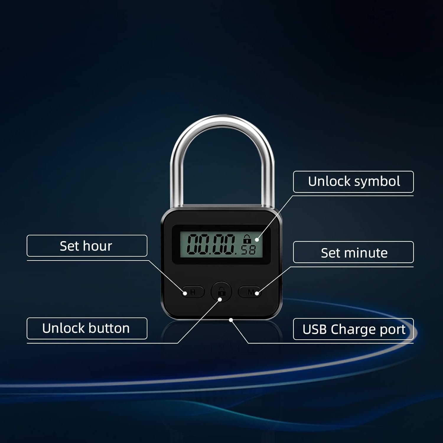 Cerradura de combinación, bloqueo de temporizador de metal, temporizador de tiempo recargable por USB con cuerda de resorte de 3.3 ft, 99 horas de