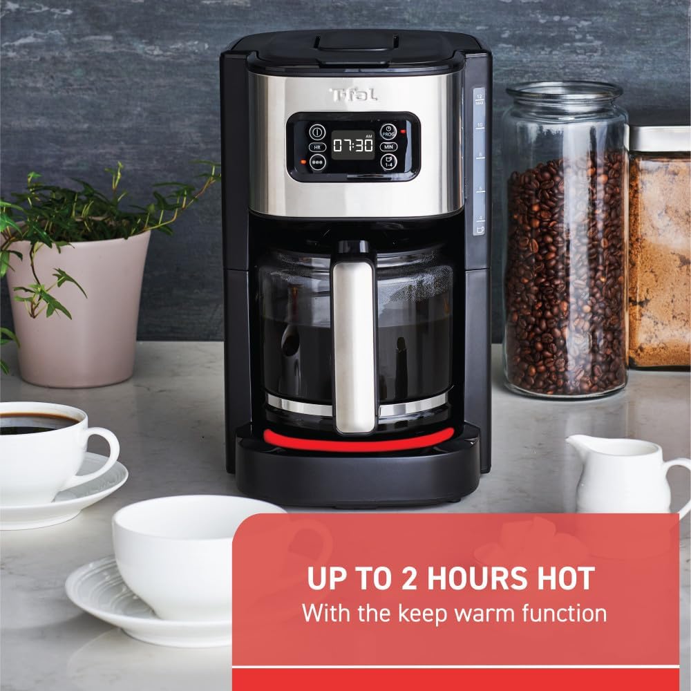 T-fal Element – Máquina de café por goteo de plástico y acero inoxidable de 12 tazas programable, filtro reutilizable, pausa y preparación, jarra de