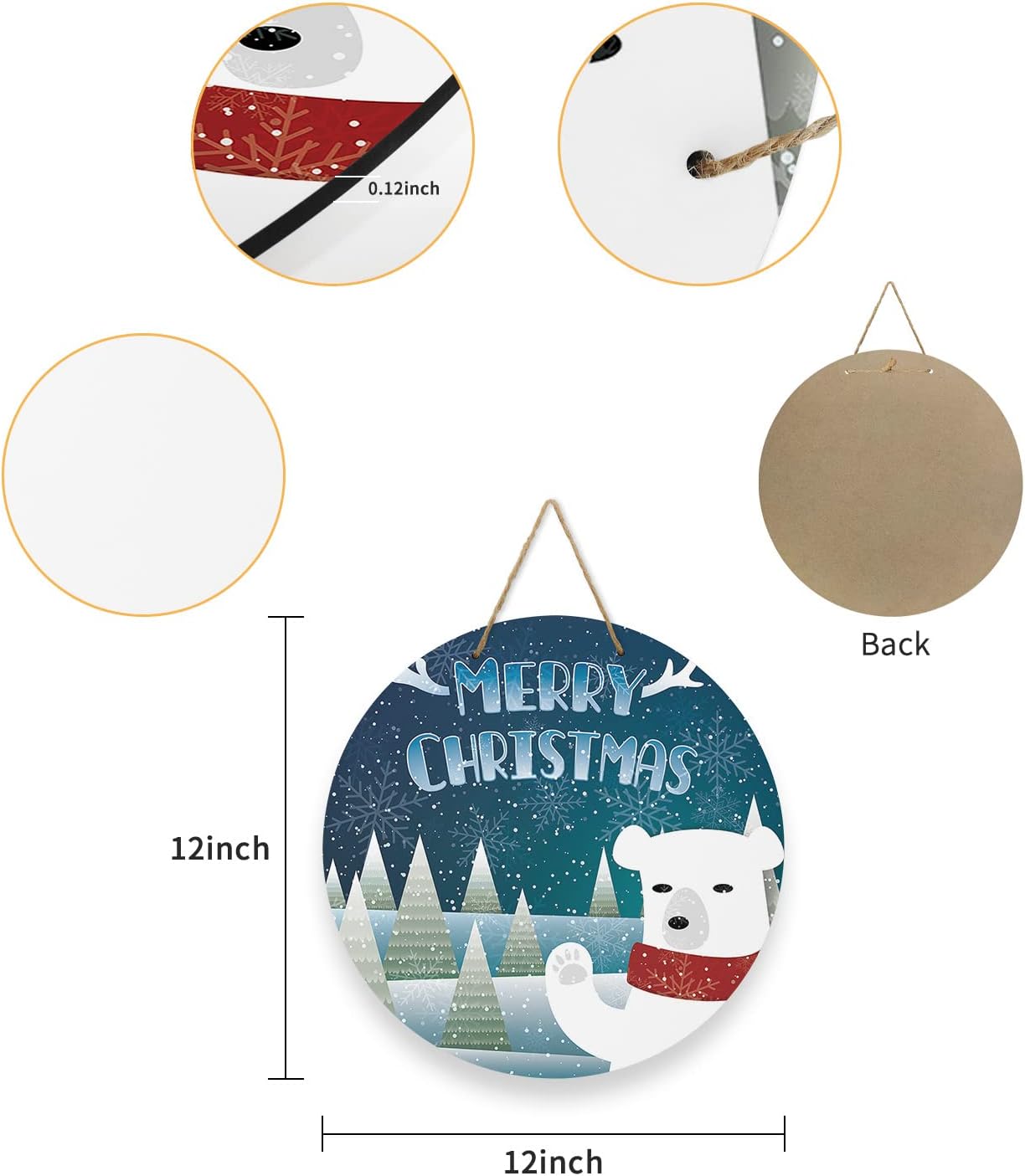 Letrero de bienvenida para puerta delantera, porche, frontones de pared, cuernos de Navidad, oso polar, corona de 10 pulgadas, letrero redondo de