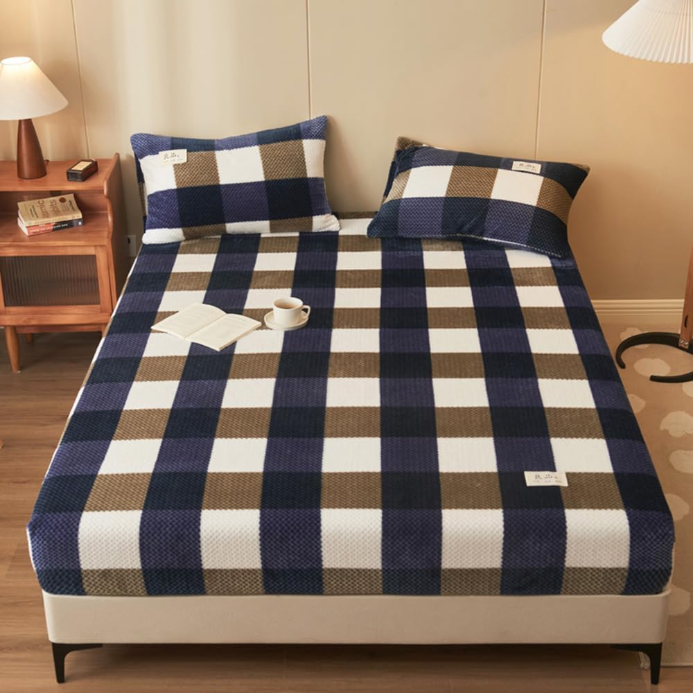 Mengersi Juego de sábanas de felpa de terciopelo, juego de sábanas simples con estampado de vellón a cuadros, acogedoras y cálidas (Queen, azul)