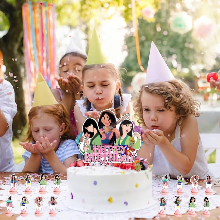 Mulan – Decoraciones de fiesta de cumpleaños con 25 piezas de decoración para pasteles y cupcakes para suministros de fiesta de cumpleaños de Mulan
