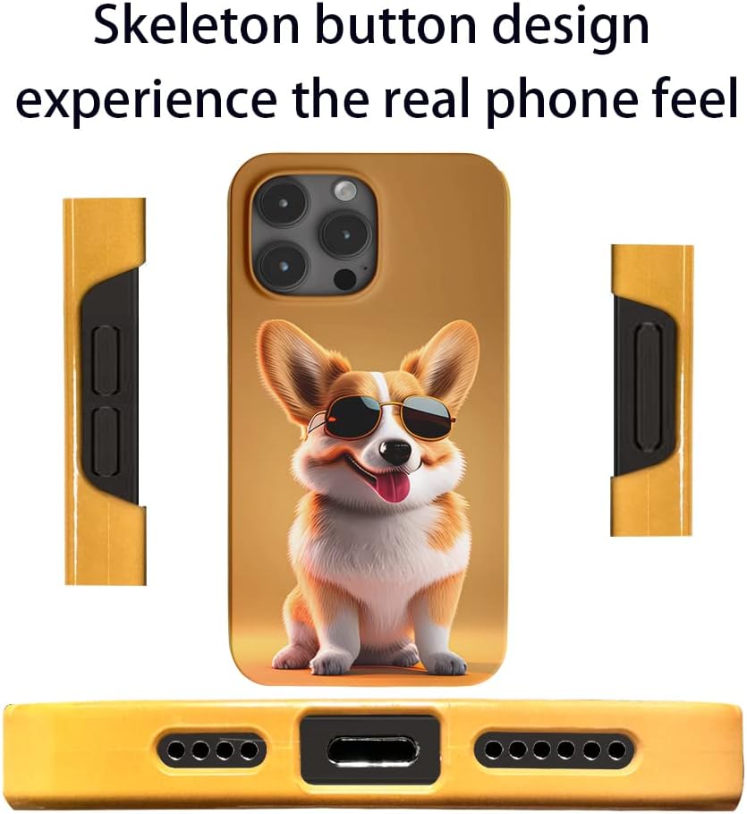 Lindo Corgi cachorro con gafas de sol amarillo para iPhone 14 Pro Max Descripción de la caja del teléfono, paquete completo de pintura en aerosol,