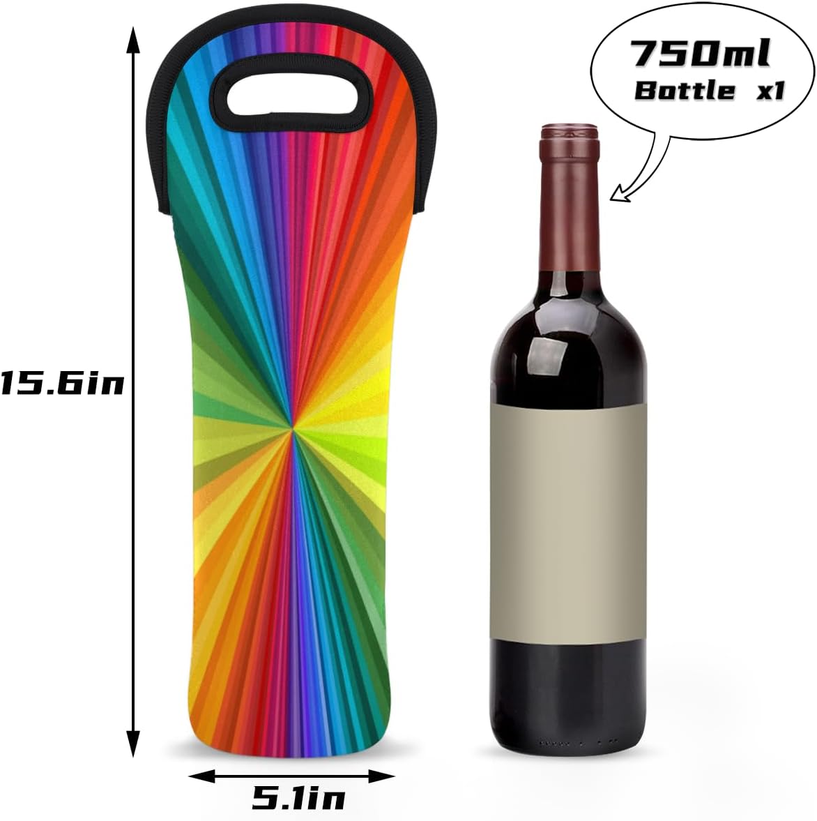 Bolsa de vino colorido arco iris teñido anudado 5.1 x 15.6 pulgadas neopreno bolsa de vino reutilizable 25.4 fl oz botella individual vino portador