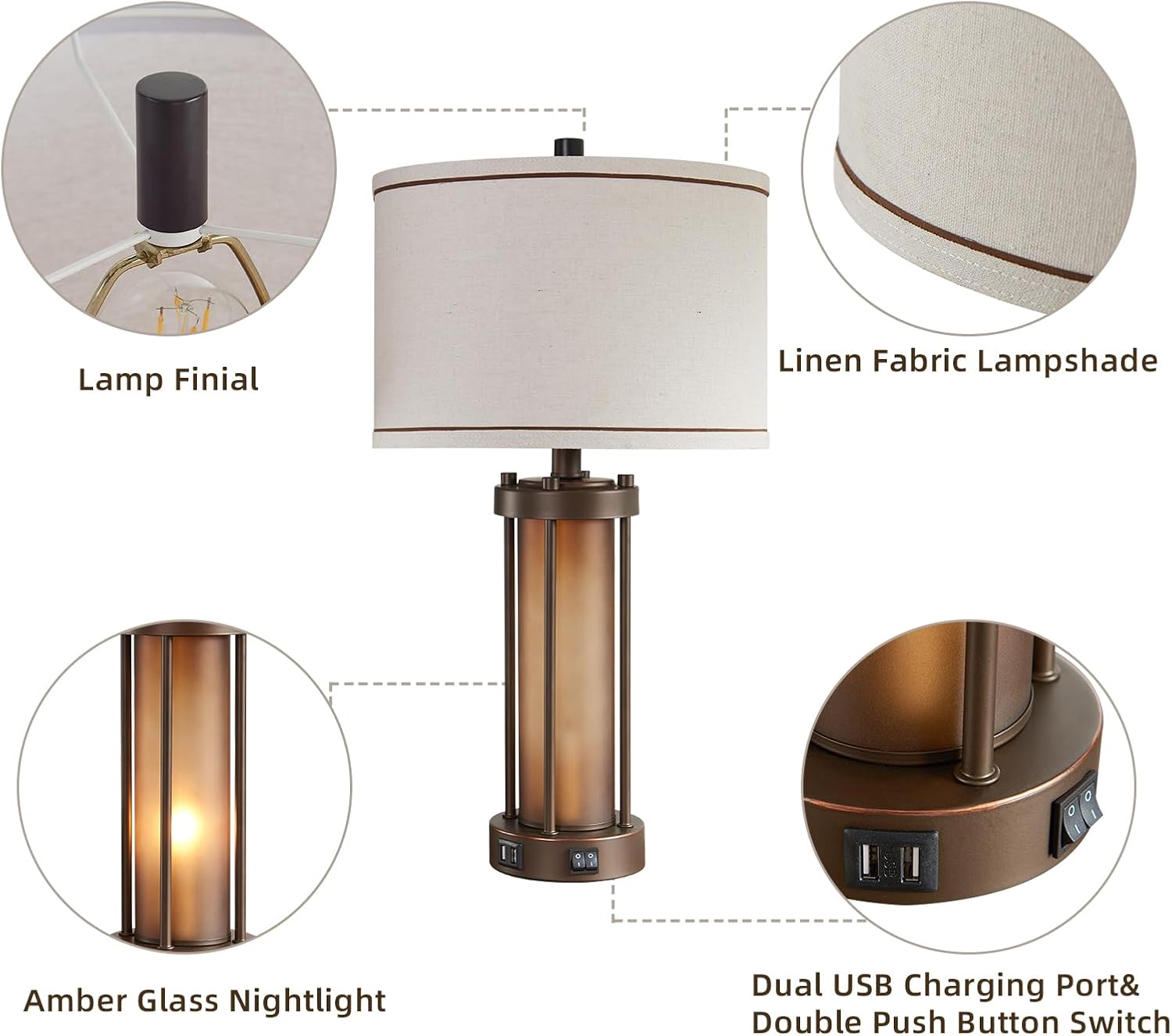 Juego de 2 lámparas de mesa de granja para sala de estar con 2 puertos USB, lámparas rústicas vintage con luz nocturna de vidrio ámbar, lámparas de