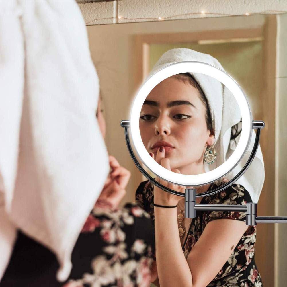 ROLTIN 8inchLEDLighted Wall Mounted Beauty Mirror,Double-Sided Folding Bathroom Mirrors 360Swivel Makeup Mirror Extendable Round Shape,Rose Gold