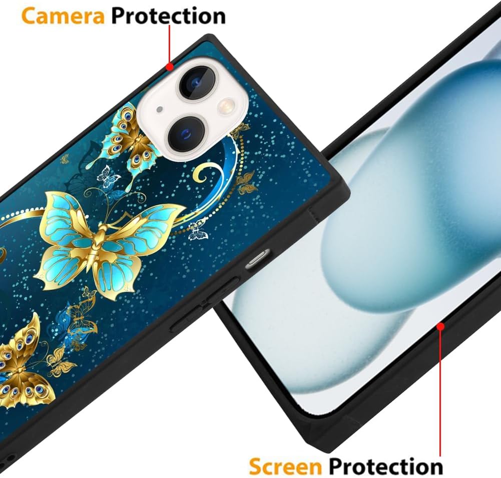 SAKUULO Funda para iPhone 15, protector de pantalla + soporte diseño cuadrado de bonito diseño de mariposa azul, protección de bordes de TPU suave,