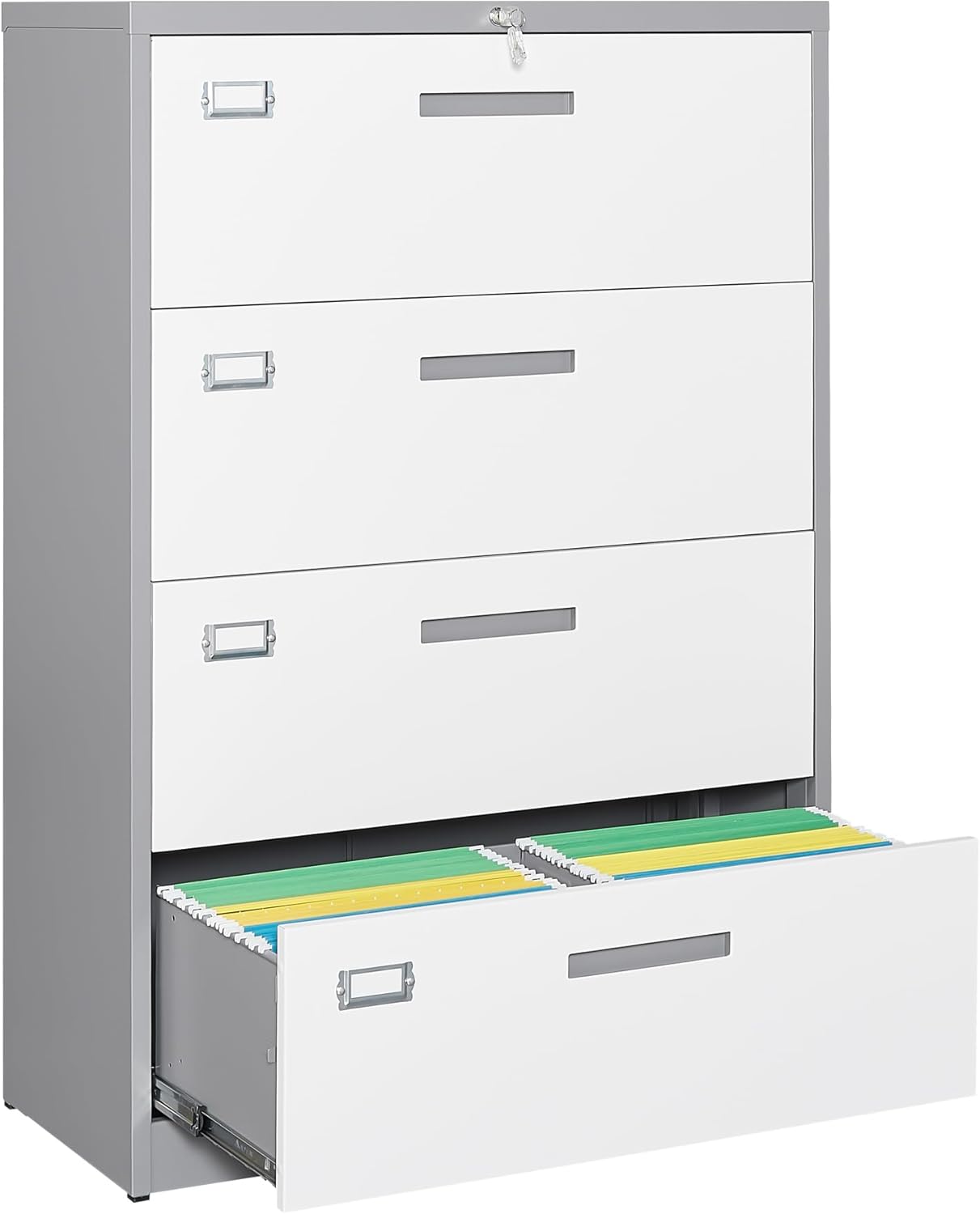 Archivador de 4 cajones con cerradura, 4 cajones de acero para organización de archivadores anchos, archivador lateral de acero para colgar