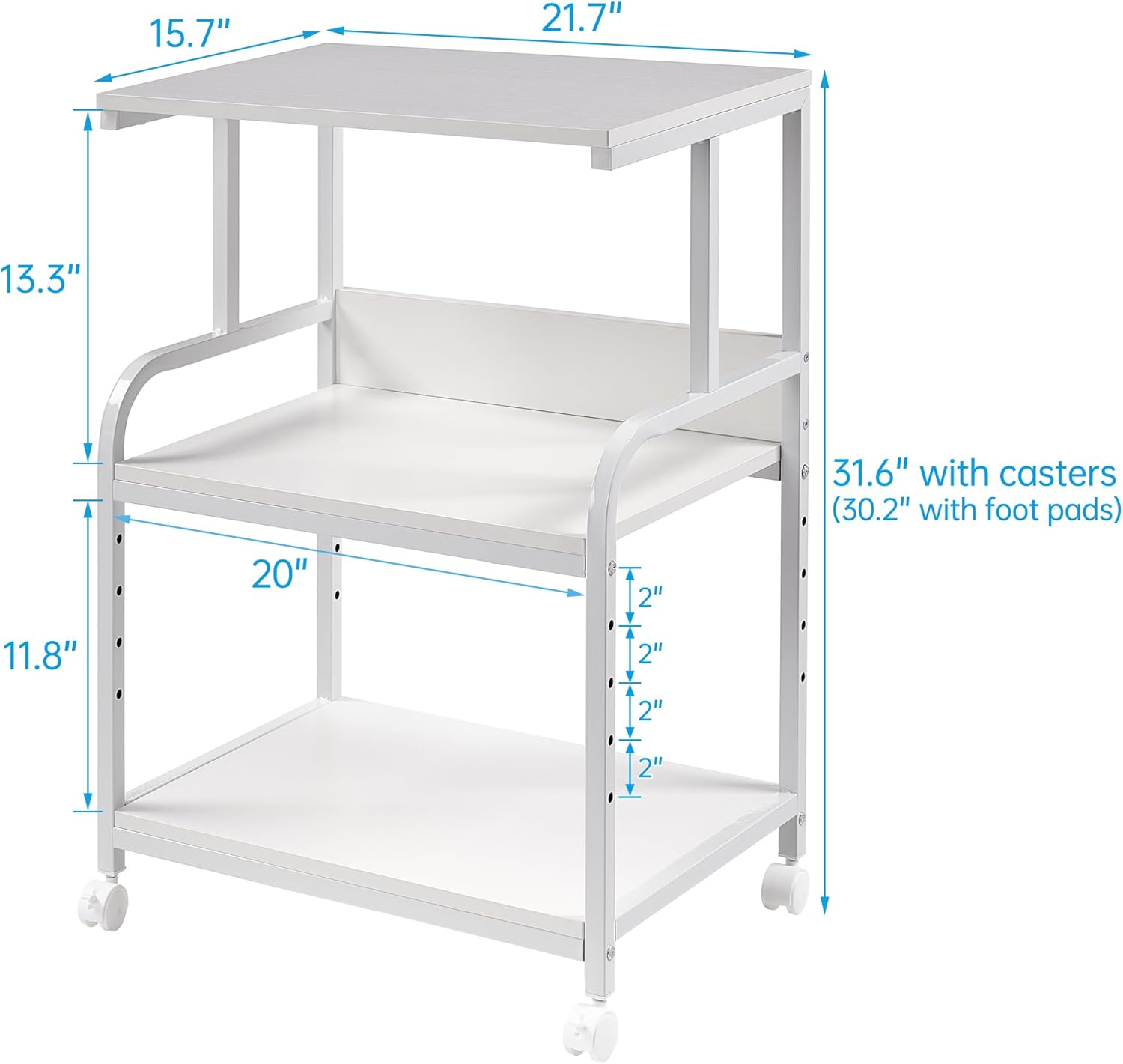 Soporte blanco para impresora, mesa de impresora de 3 estantes con ruedas, carrito de impresora rodante para oficina en casa, organización y