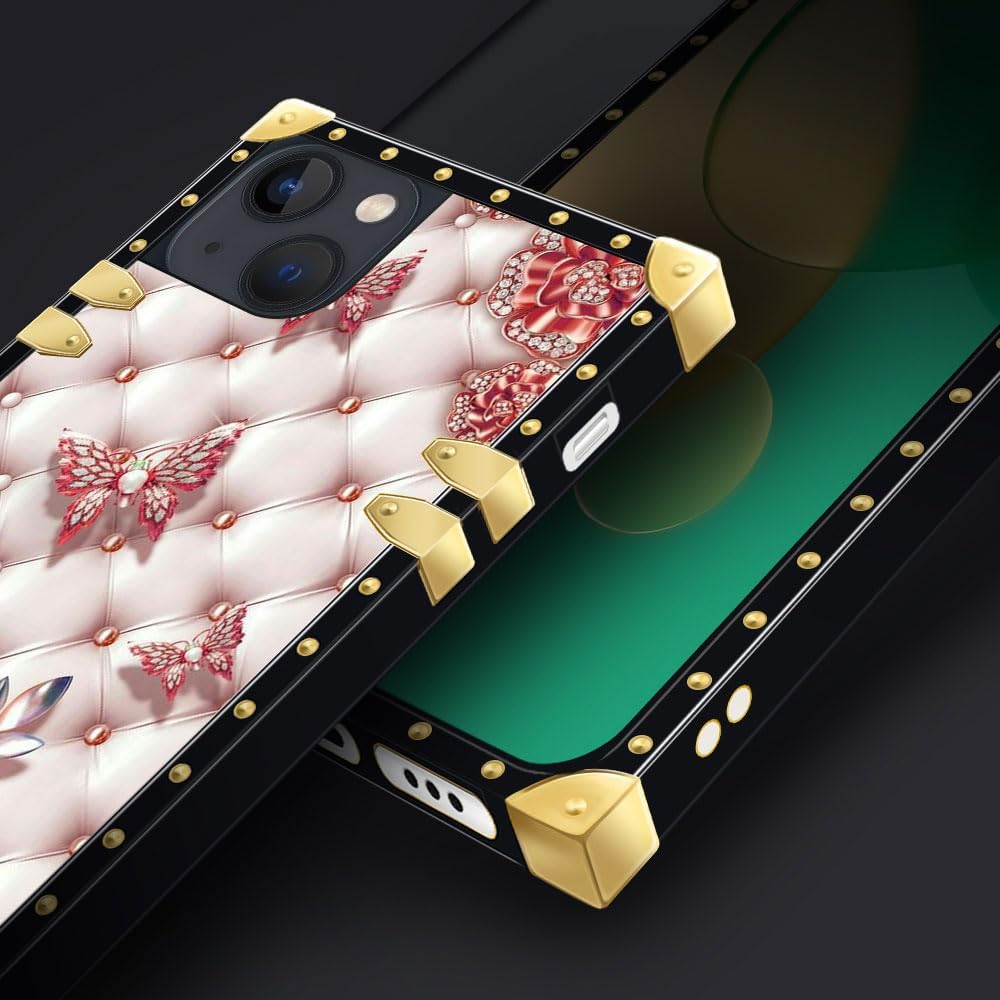 Yuning419 Funda compatible con iPhone 15 Plus, diseño de diamantes de mariposa, para niñas y mujeres, decoración de lujo, cuadrada, suave, TPU a