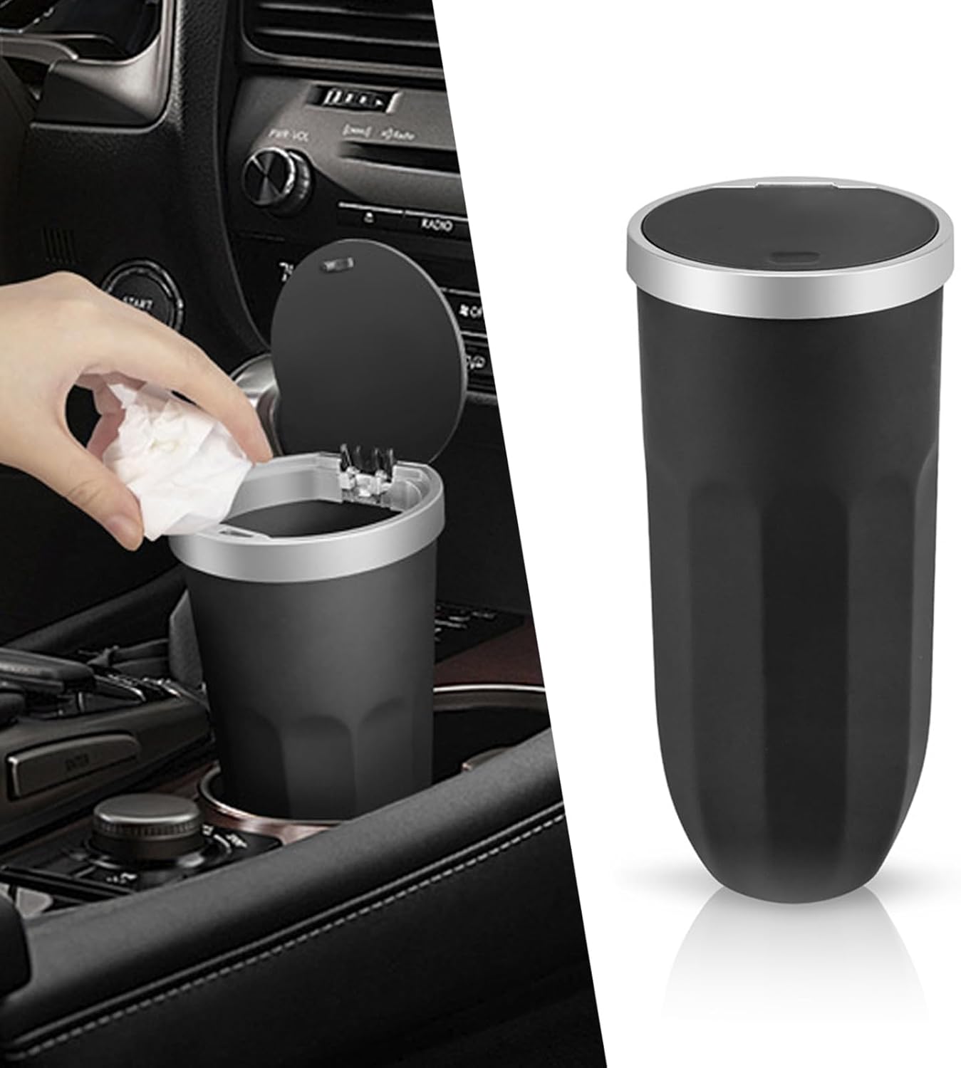ZKFAR 1 bote de basura para automóvil con tapa, soporte para vasos, cubo de basura de diseño a presión para abrir, cubo de basura portátil