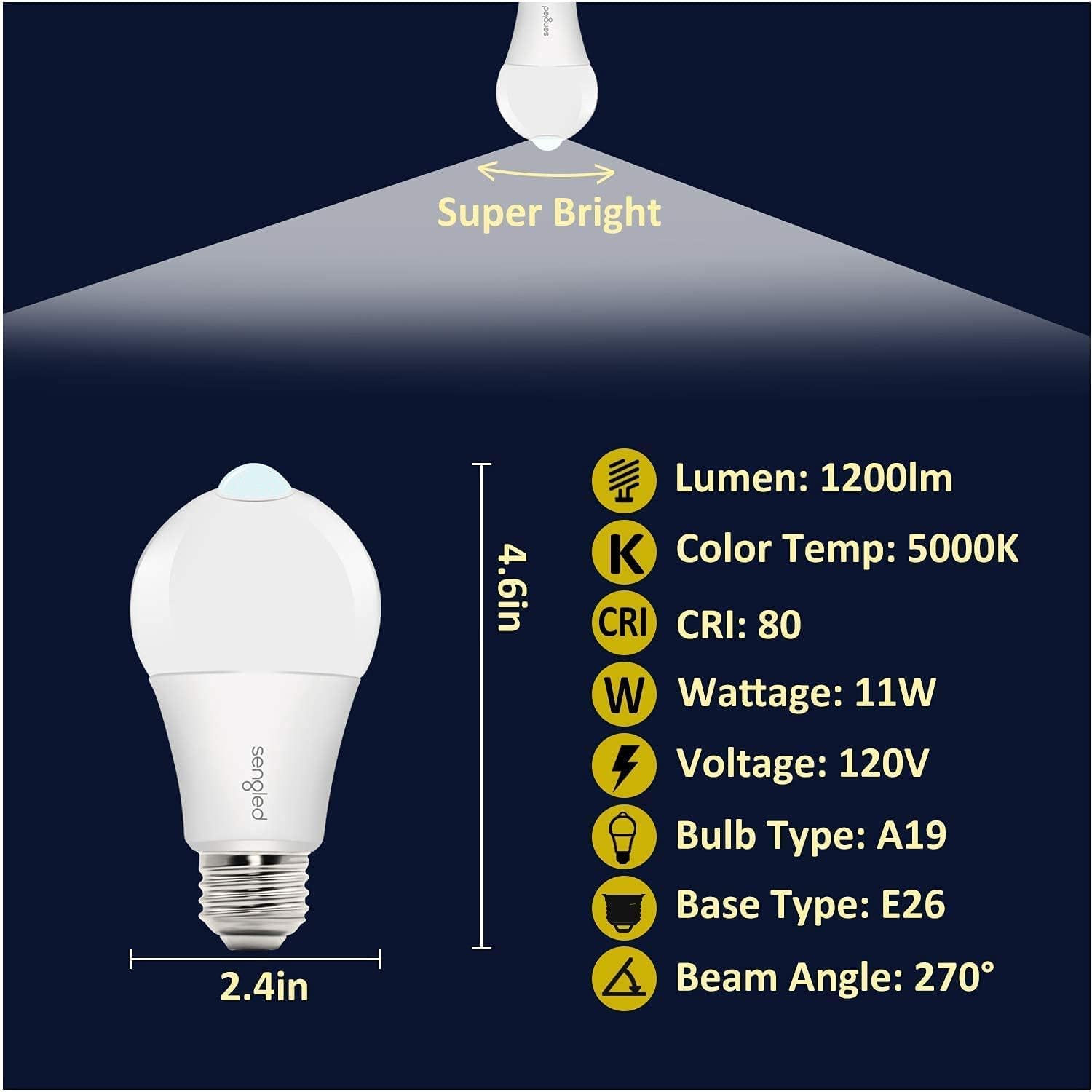 Sengled Bombillas con sensor de movimiento, A19, 5000 K, luz diurna activada por movimiento, bombilla de seguridad del atardecer al amanecer, 11 W