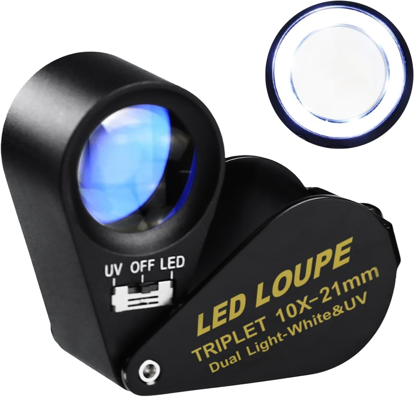 0.394 x 0.827 in lupa joyero lupa LED UV triplete lente lupa gema óptica herramienta acromática aplanática plegable bolsillo negro marco para