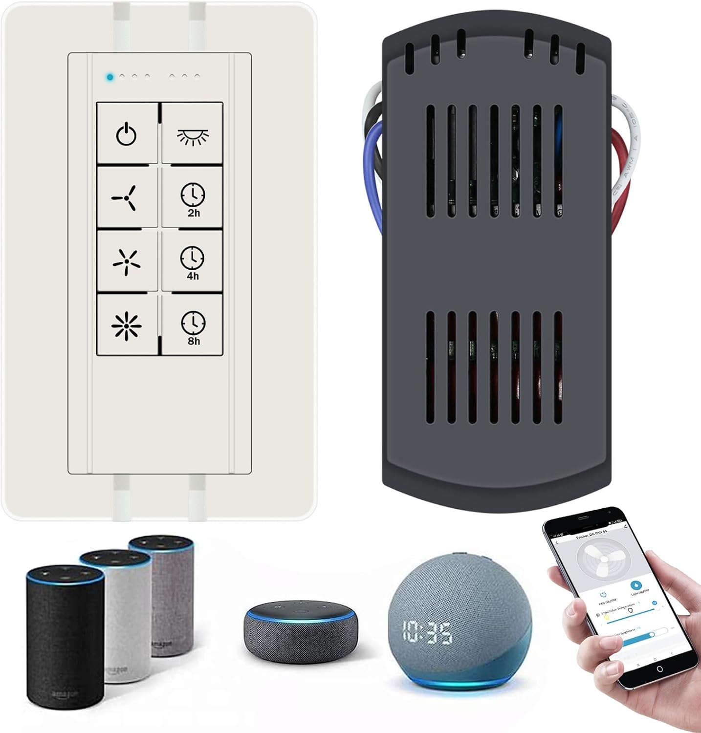 Ventilador de techo inteligente universal con control remoto y atenuador de luz, 3 velocidades con atenuación de 2 a 8 horas, dispositivos