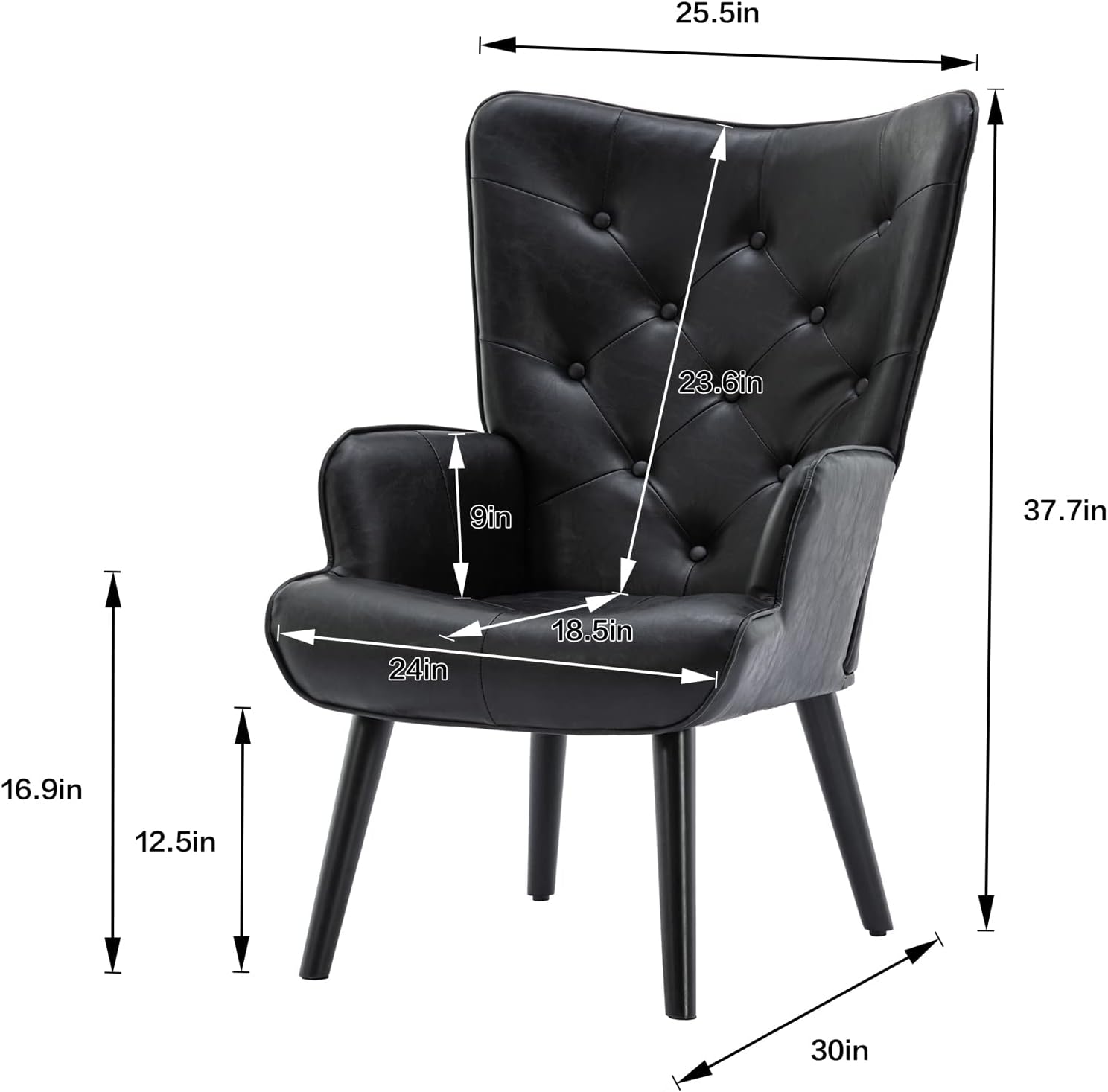 Dolonm – Silla decorativa de piel sintética moderna con botones capitoné y respaldo alto con brazos tapizados con respaldo alto y patas de madera