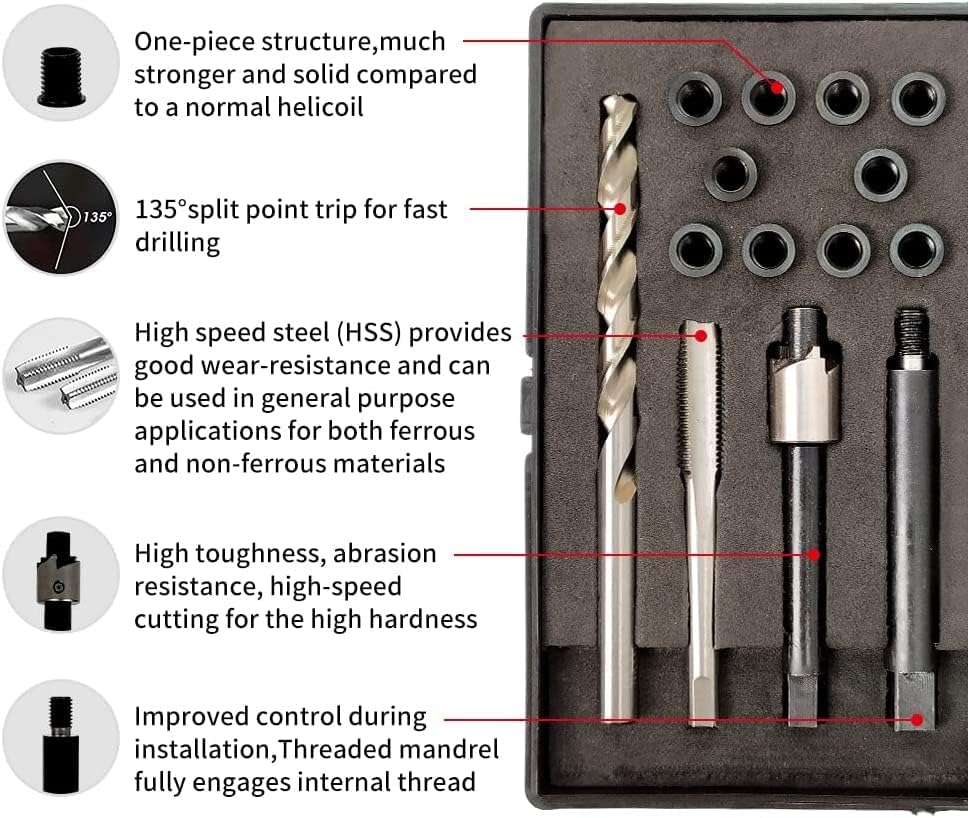 SENNMONN Kit de reparación de rosca M6X1.0 con taladro HSS de inserción de 0.370 in, grifo, controlador de instalación, avellanado, inserto de acero