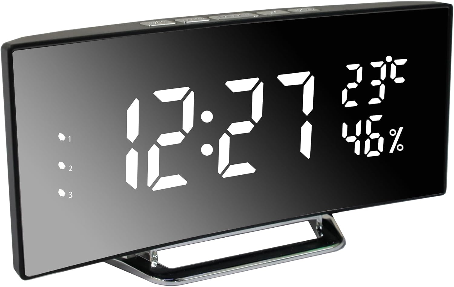 Reloj despertador digital, reloj despertador LED con diseño curvo moderno, 2 niveles de brillo+apagado, 3 alarmas, repetición, fuente de