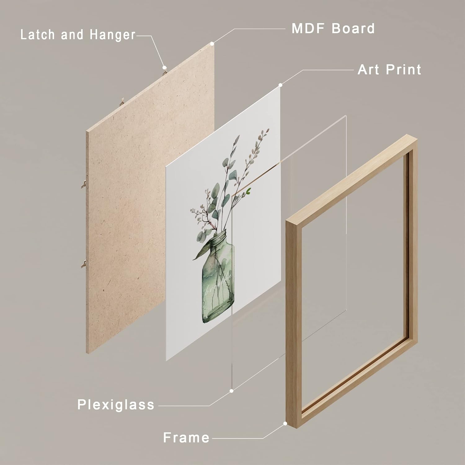 SIGNWIN Arte de pared enmarcado de florero de vidrio con hojas de bosque pastel, juego de 4 impresiones de decoración de pared de naturaleza