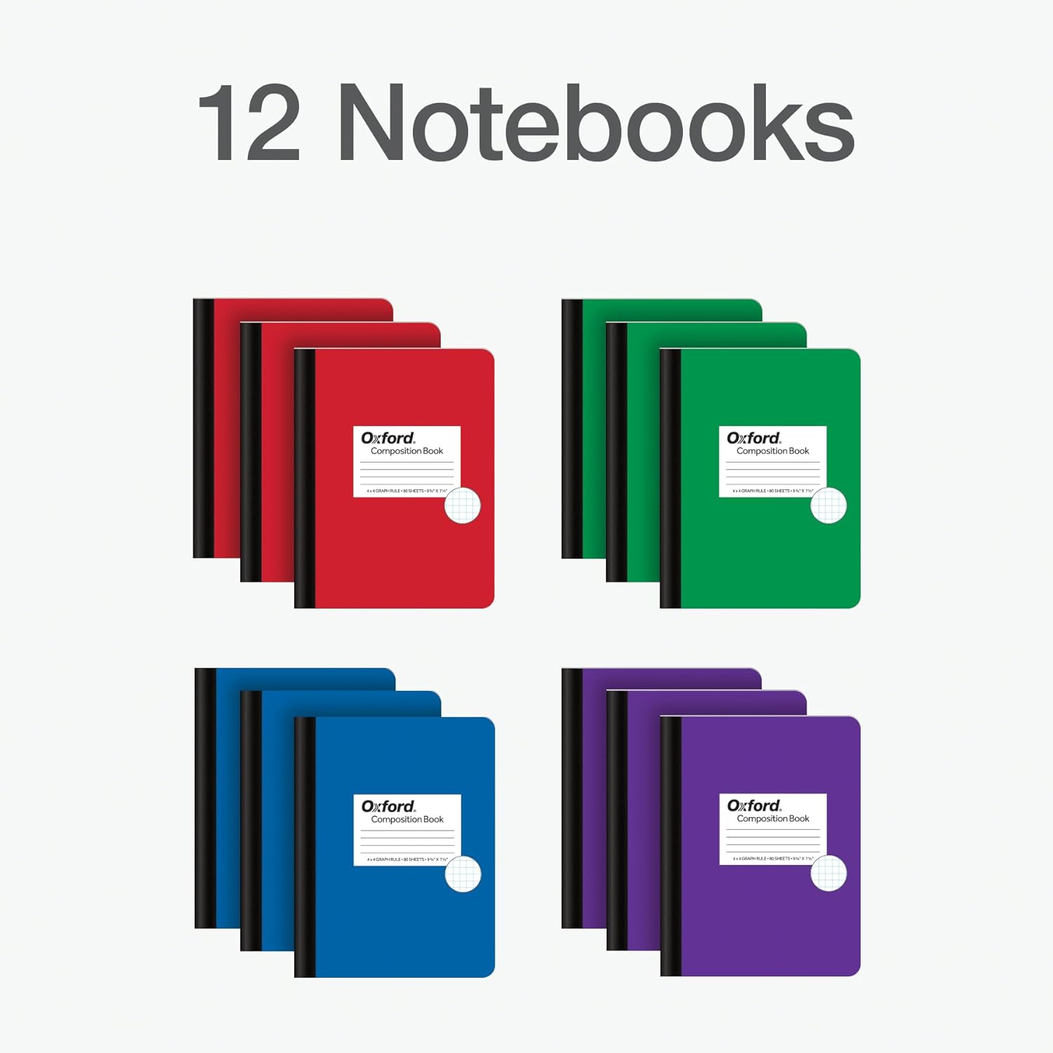 Oxford Composition – Cuaderno de 12 unidades, 4 x 4, papel a rayas, 7.5 x 9.75 pulgadas, 80 hojas, cubiertas de colores surtidos verde, morado,