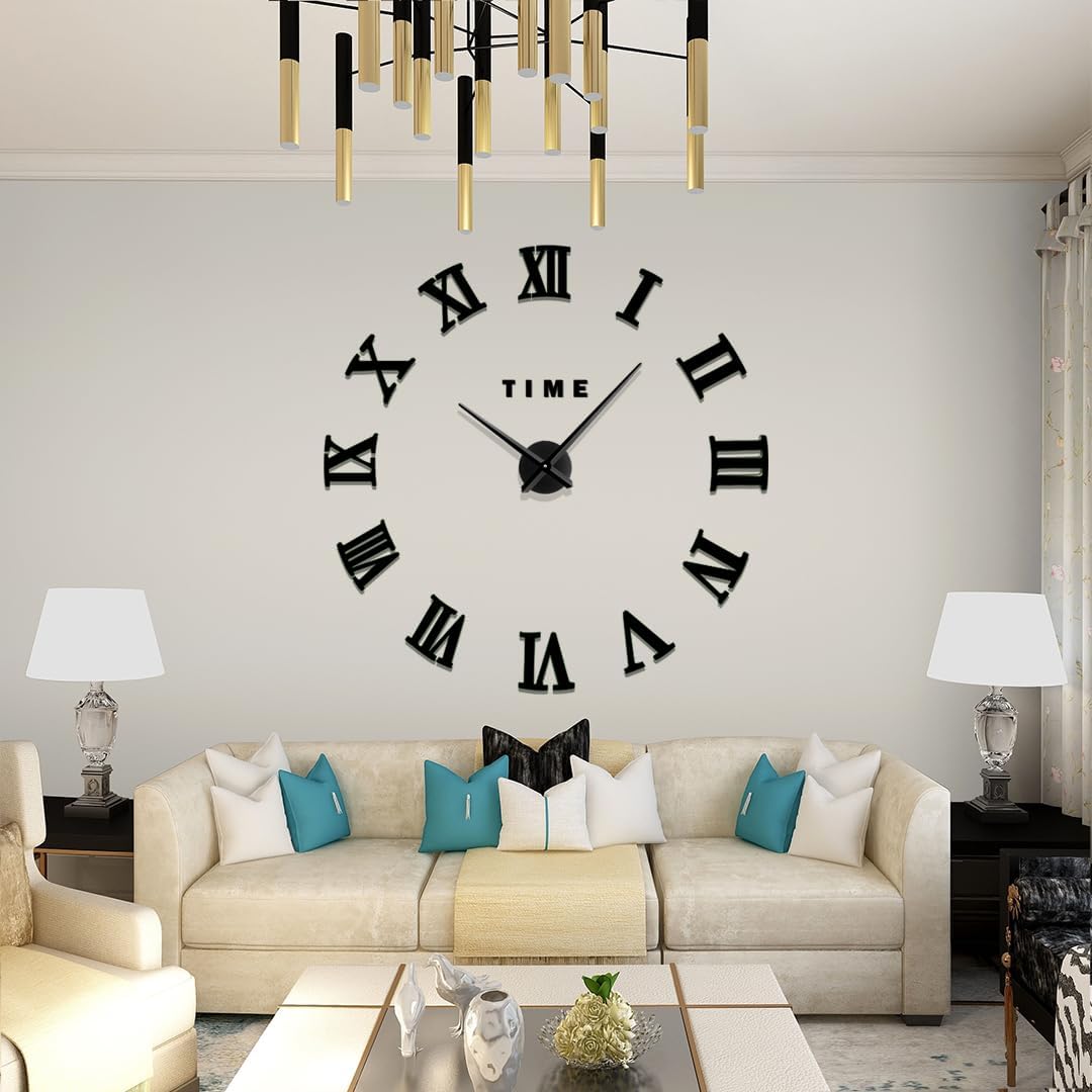 Reloj de pared 3D sin marco con números romanos vintage para decoración de sala de estar, relojes de pared decorativos a pilas (negro)