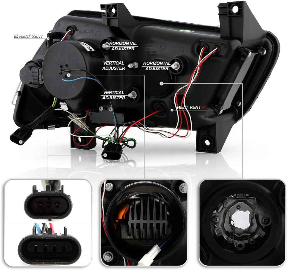 ACANII – Para modelo halógeno 2011-2014 Dodge Charger LED Tubo con proyector LED integrado Faros delanteros izquierdo+derecha, negro ónix con