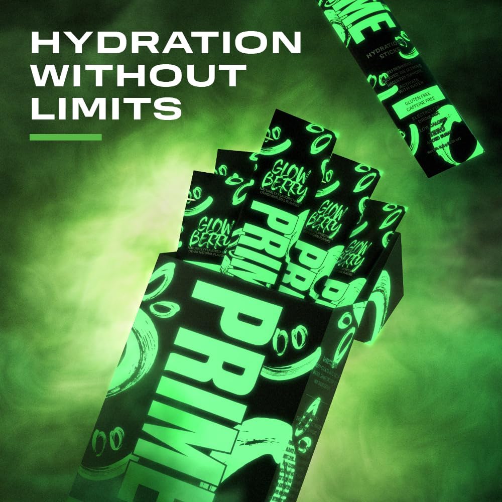 Prime Hydration + Paquete de palitos  GLOWBERRY  6 varillas  Mezcla de bebida con electrolitos  10% de agua de coco  250 mg de BCAA  Antioxidantes