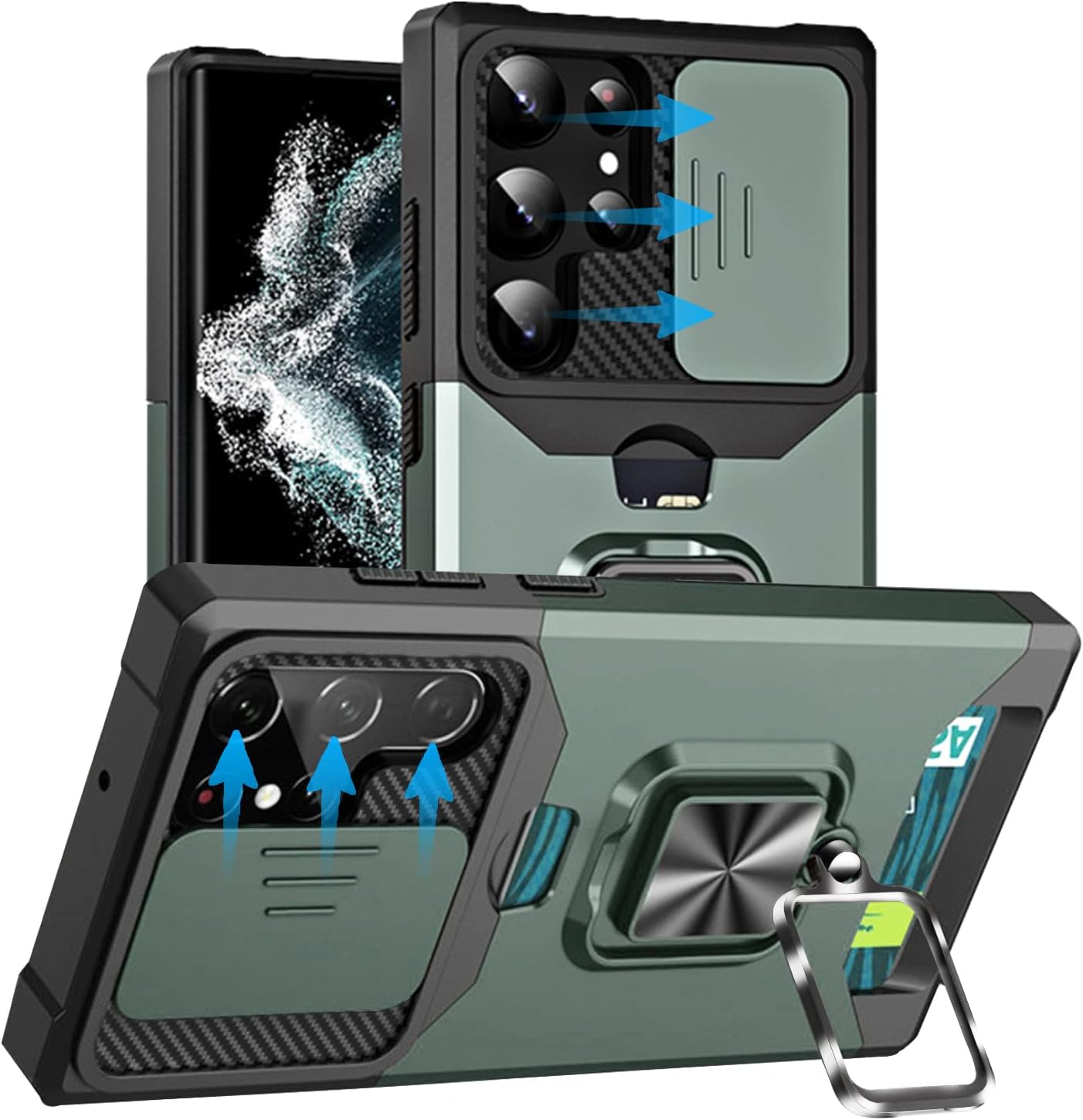 Qshare Funda para Samsung Galaxy S23 Ultra, anillo giratorio de 360, con cubierta de cámara deslizante, a prueba de golpes y caídas, para Samsung