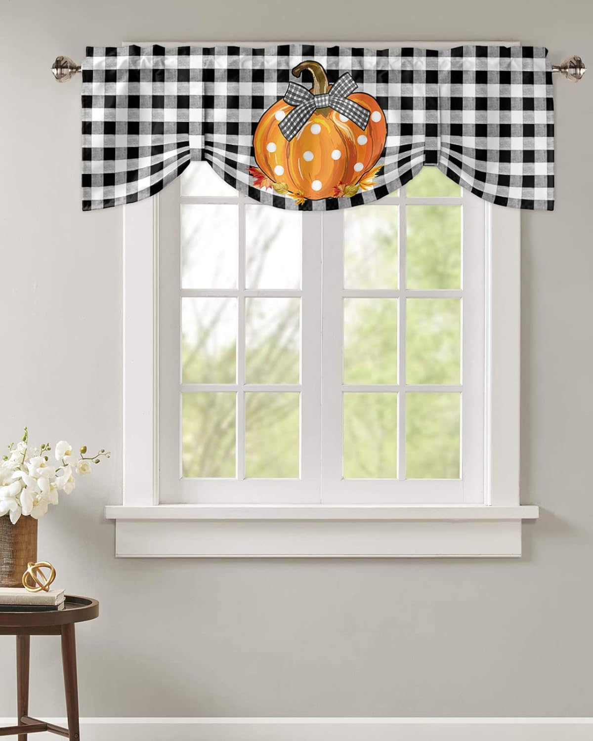Cortina de cenefa de amarre de 42 x 18 pulgadas para ventanas, diseño de calabaza de Acción de Gracias, color negro y blanco, a cuadros, ajustable,