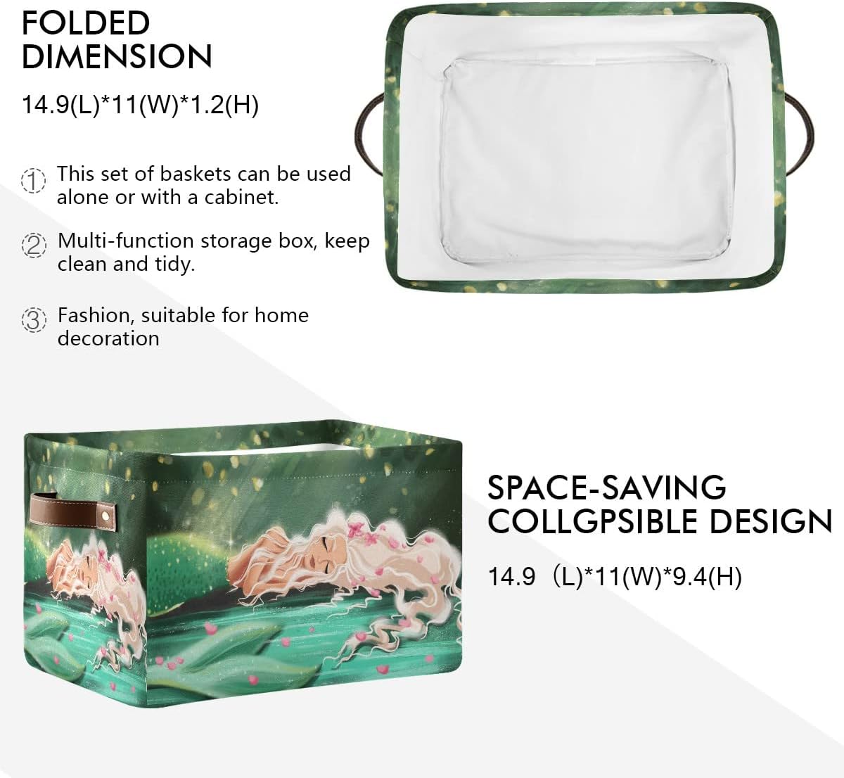 Cesta de almacenamiento rectangular de sirena con asas de cuero, organizador para autos
