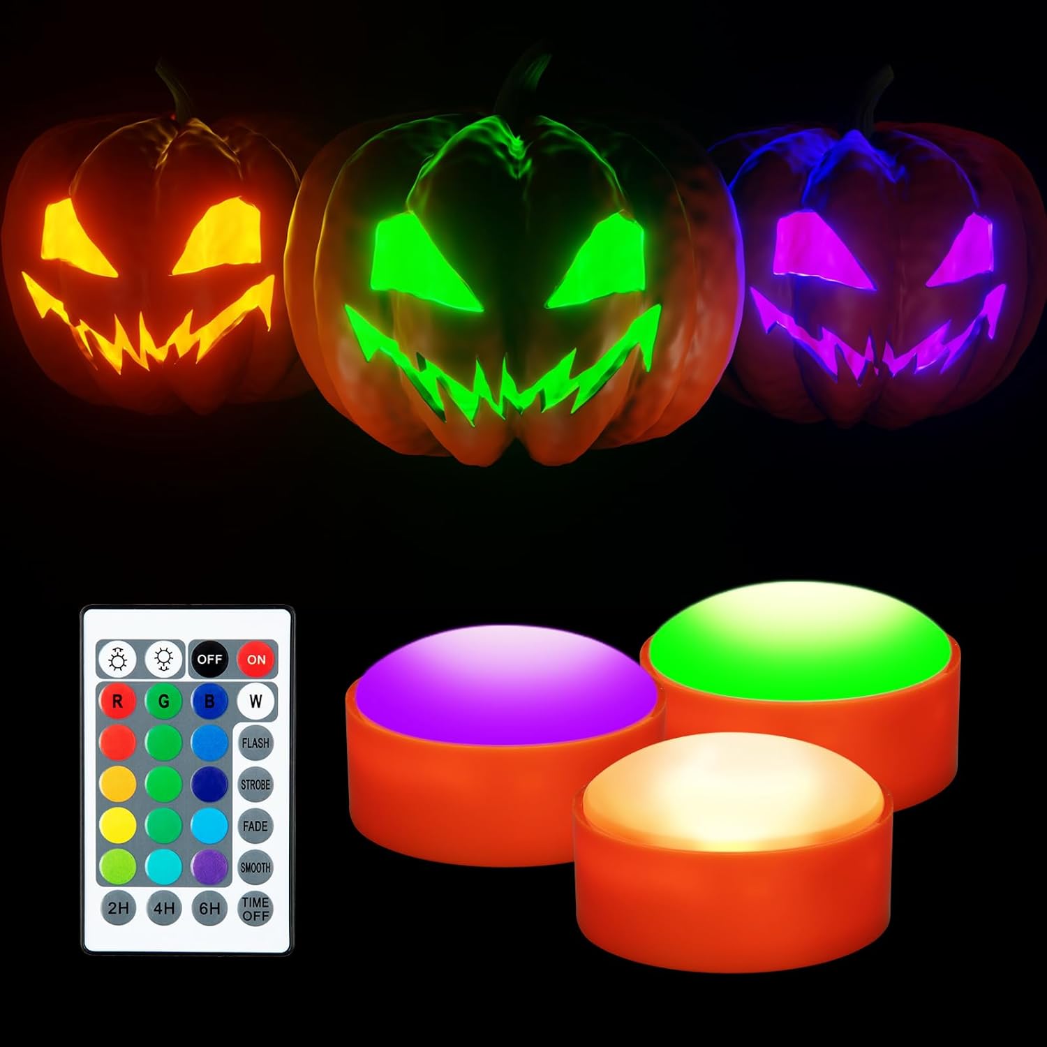 3 luces de calabaza con control remoto y temporizadores, RGBW que cambian de color Jack-O-Lantern luces a pilas, velas parpadeantes sin llama para