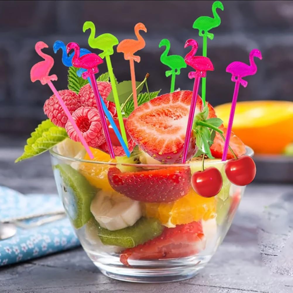 Palillos de plástico con flamenco de frutas, palillos de dientes de cóctel, aperitivos, palillos de comida para sándwich, bebidas, decoraciones