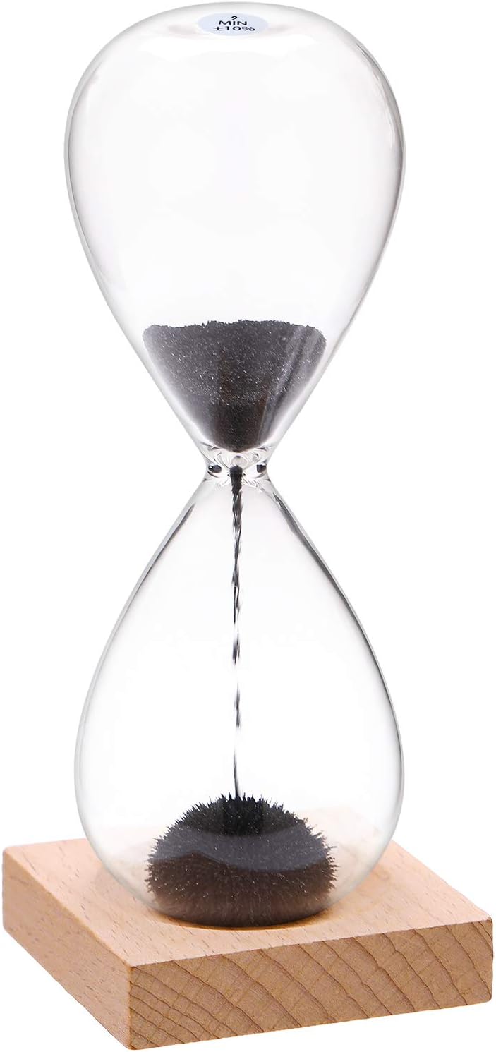 YLTIMER Reloj de arena magnético temporizador de arena 2 minutos reloj de arena grande con imán negro hierro polvo y base de madera, reloj de arena