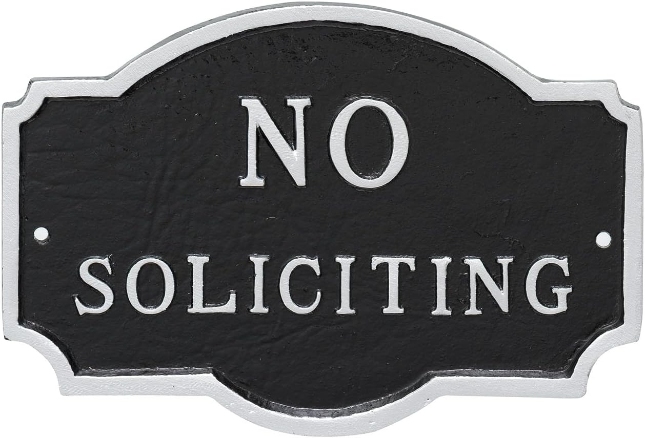 Placa de metal fundido con texto en inglés “No Soliciting Montague” – Placa de exhibición de pared o césped – Señal de advertencia – Placa de