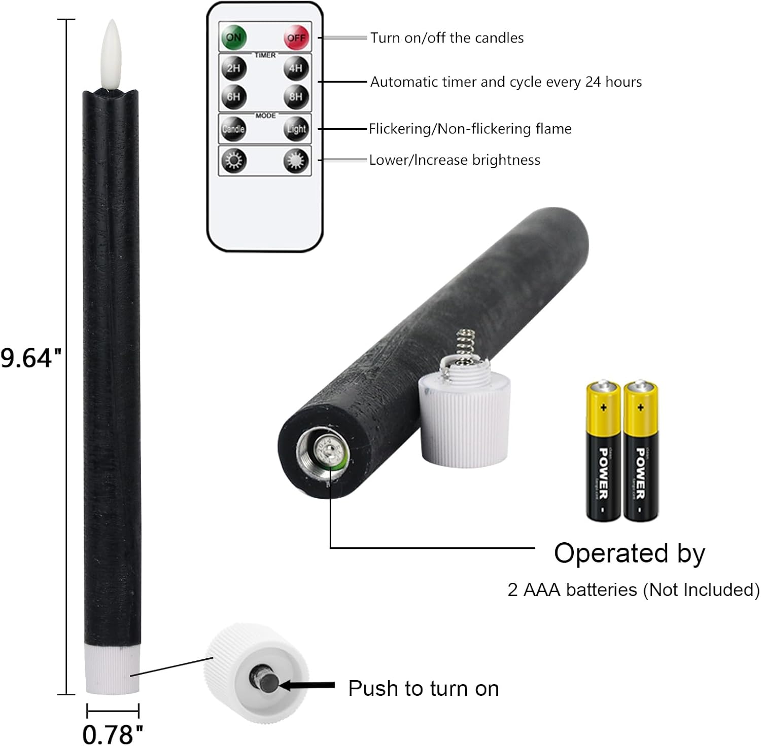 GenSwin Velas cónicas negras sin llama parpadeantes con control remoto de 10 teclas, funciona con pilas, velas LED cálidas con mecha 3D para