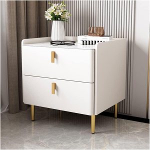 Mesita de noche moderna de mediados de siglo Mesita de noche con parte superior de mármol sintético, mesa de noche de madera con 2 cajones de cuero Mesita de noche moderna de mediados de siglo Mesita de noche con parte superior de mármol sintético, mesa de noche de madera con 2 cajones de cuero