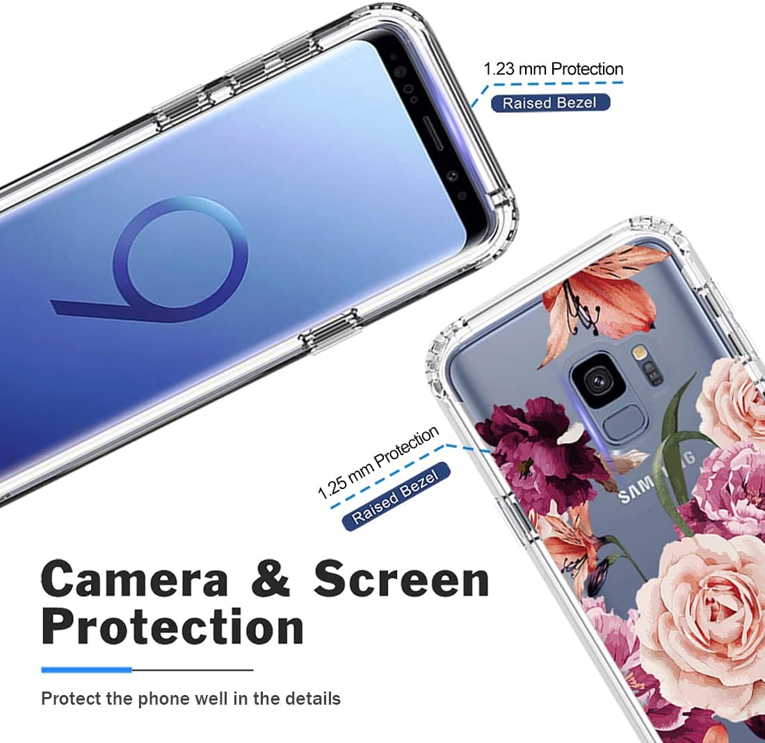 Funda para Galaxy S9, Samsung S9 SM-G960U con protector de pantalla de vidrio templado, cuerpo completo, lindo diseño floral, a prueba de golpes,