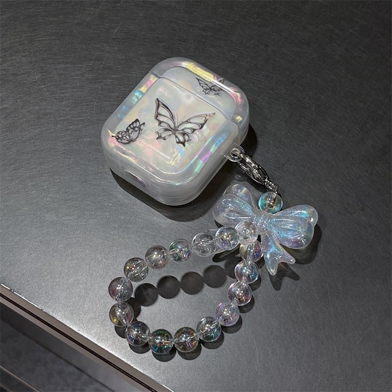 Funda transparente para AirPods Pro de 2 generación 2022, bonito diseño de mariposa negra brillante con llavero colgante, funda protectora de TPU