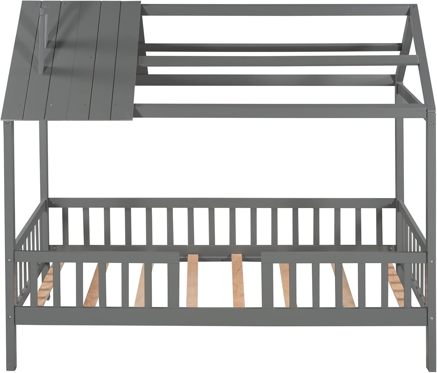 SOFTSEA Cama de casa individual con valla para niños y niñas, marco de cama de madera, muebles de dormitorio, gris