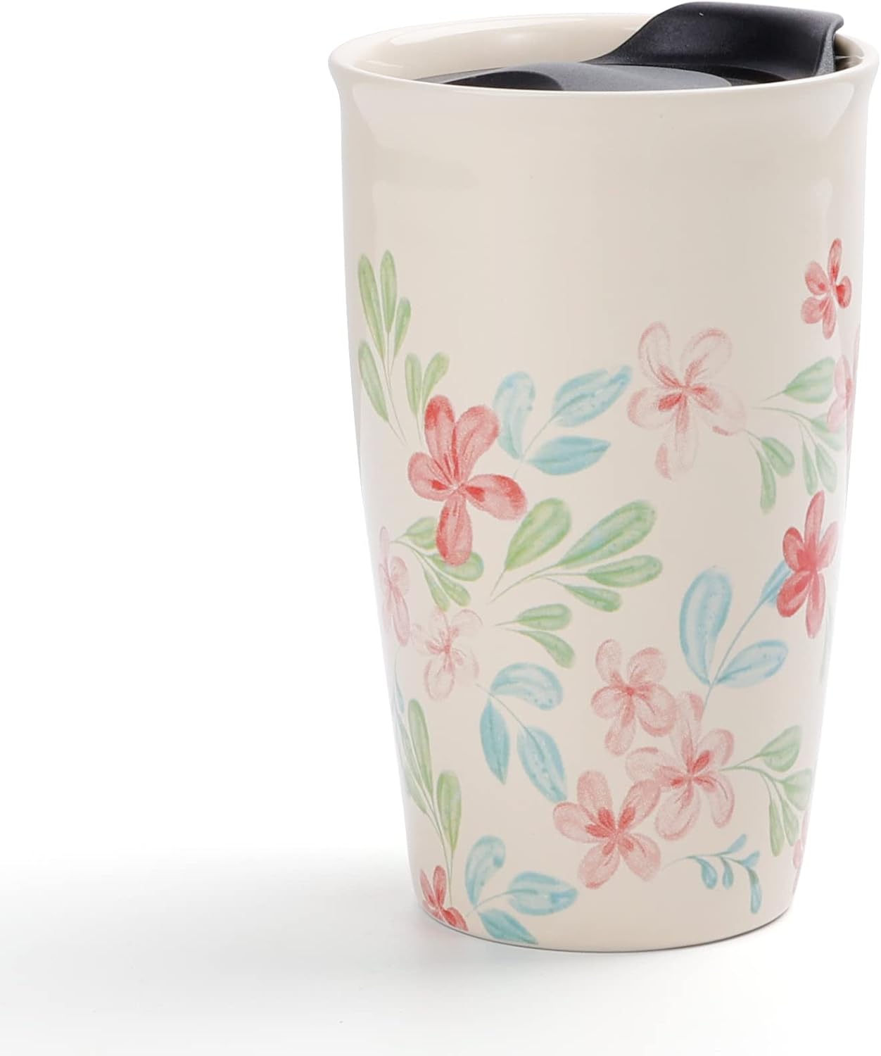 ANTIS’S HOME Taza de viaje de cerámica con tapa, taza de café de doble pared con patrón de flores, vaso de café de 10 onzas, taza alta reutilizable,