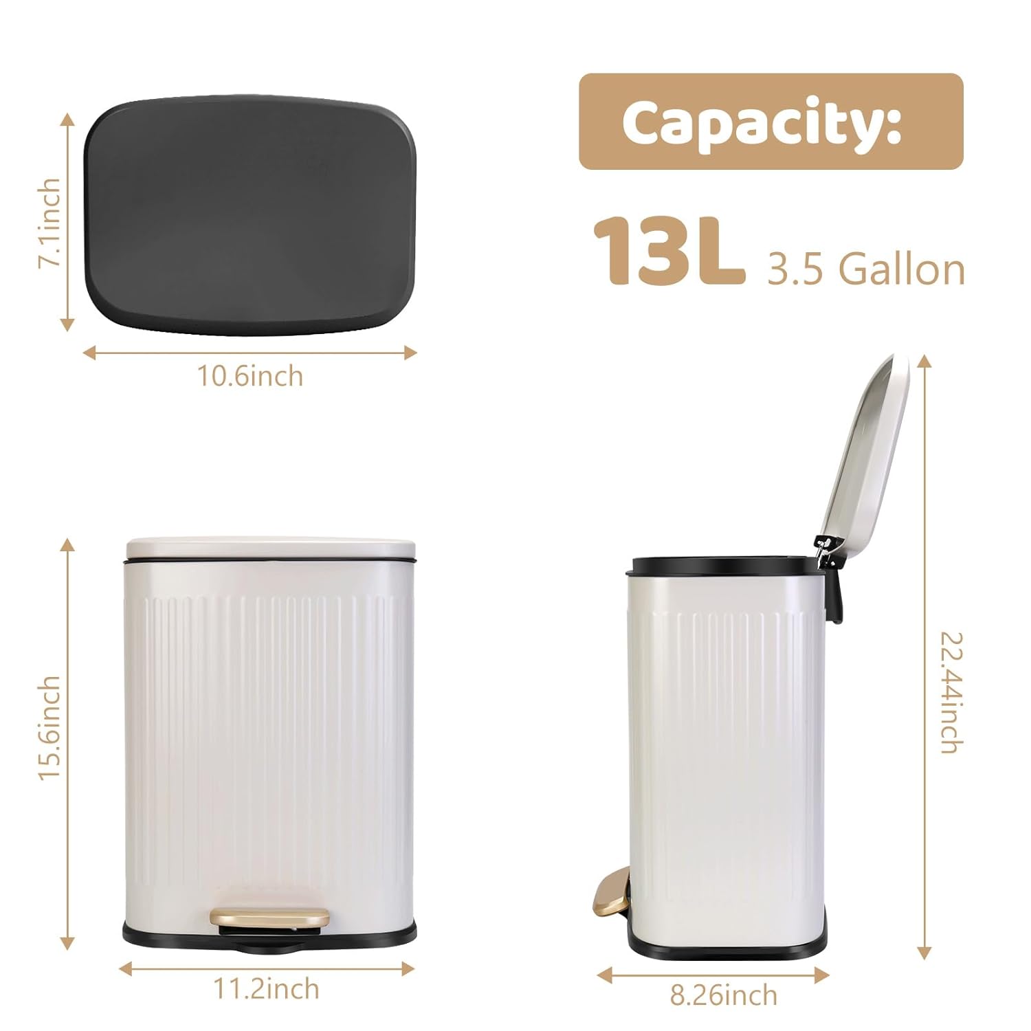 Triiter Cubo de basura rectangular de 3.5 galones con tapa de cierre suave, cubo de basura de acero inoxidable con cubo interior extraíble, papelera