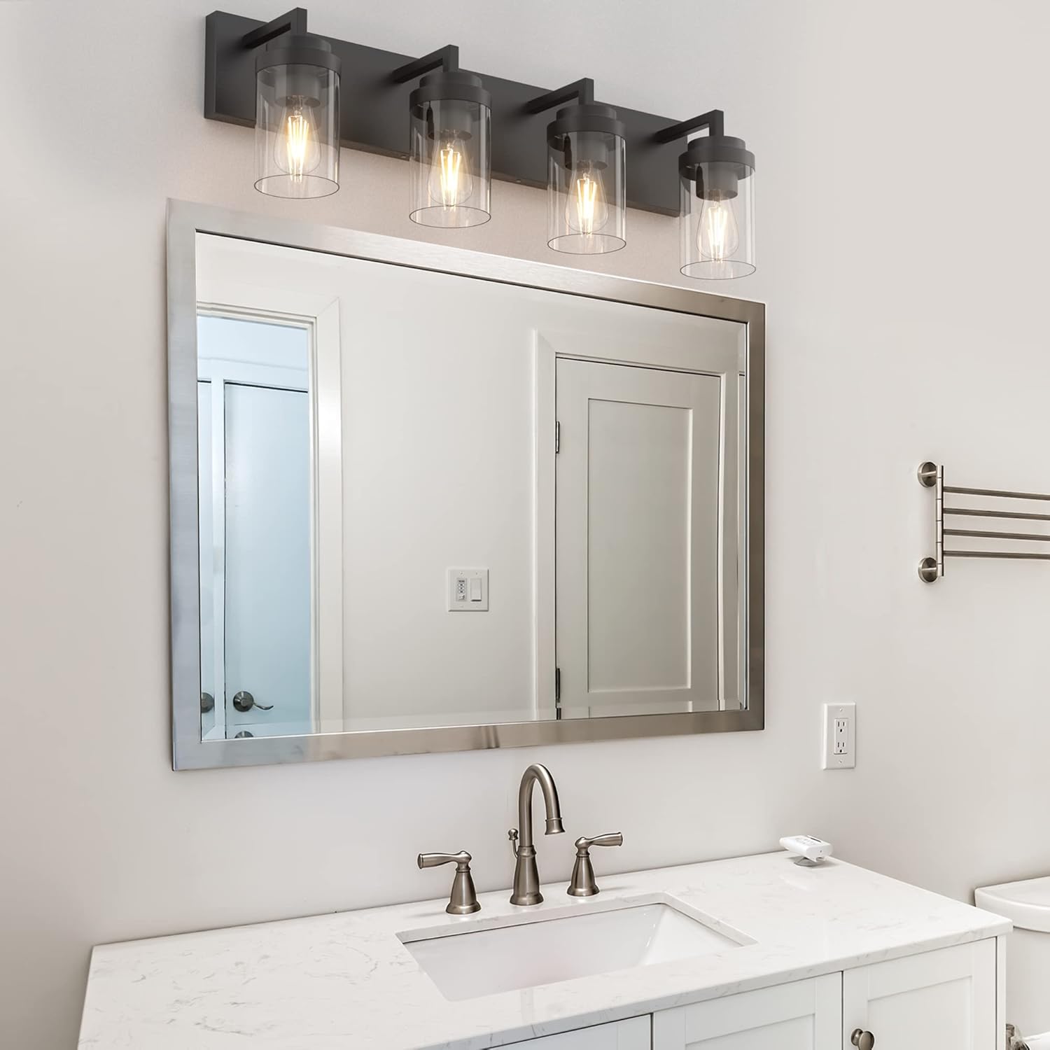 Espird Lámpara de tocador de baño, 4 luces, color negro mate, con pantalla de vidrio transparente, luz de tocador de granja de 30 pulgadas,