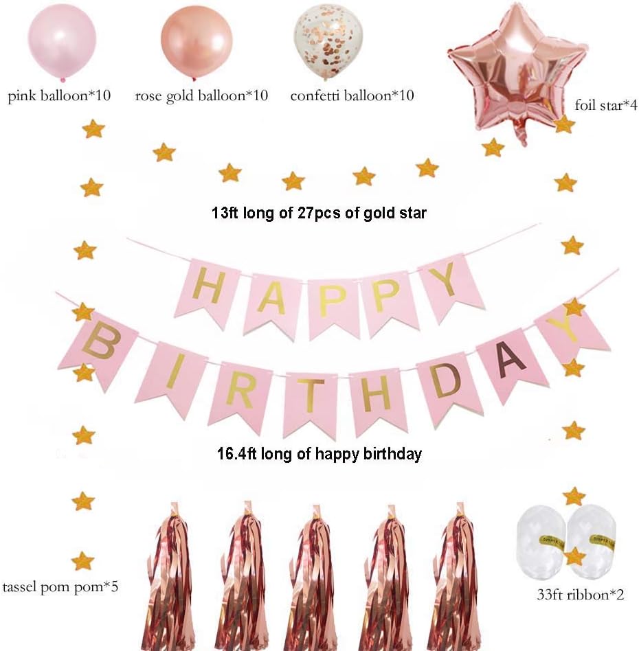 Decoraciones de cumpleaños número 12, suministros de fiesta de oro rosa para niñas, globo de látex de confeti, estrella de Mylar de aluminio,