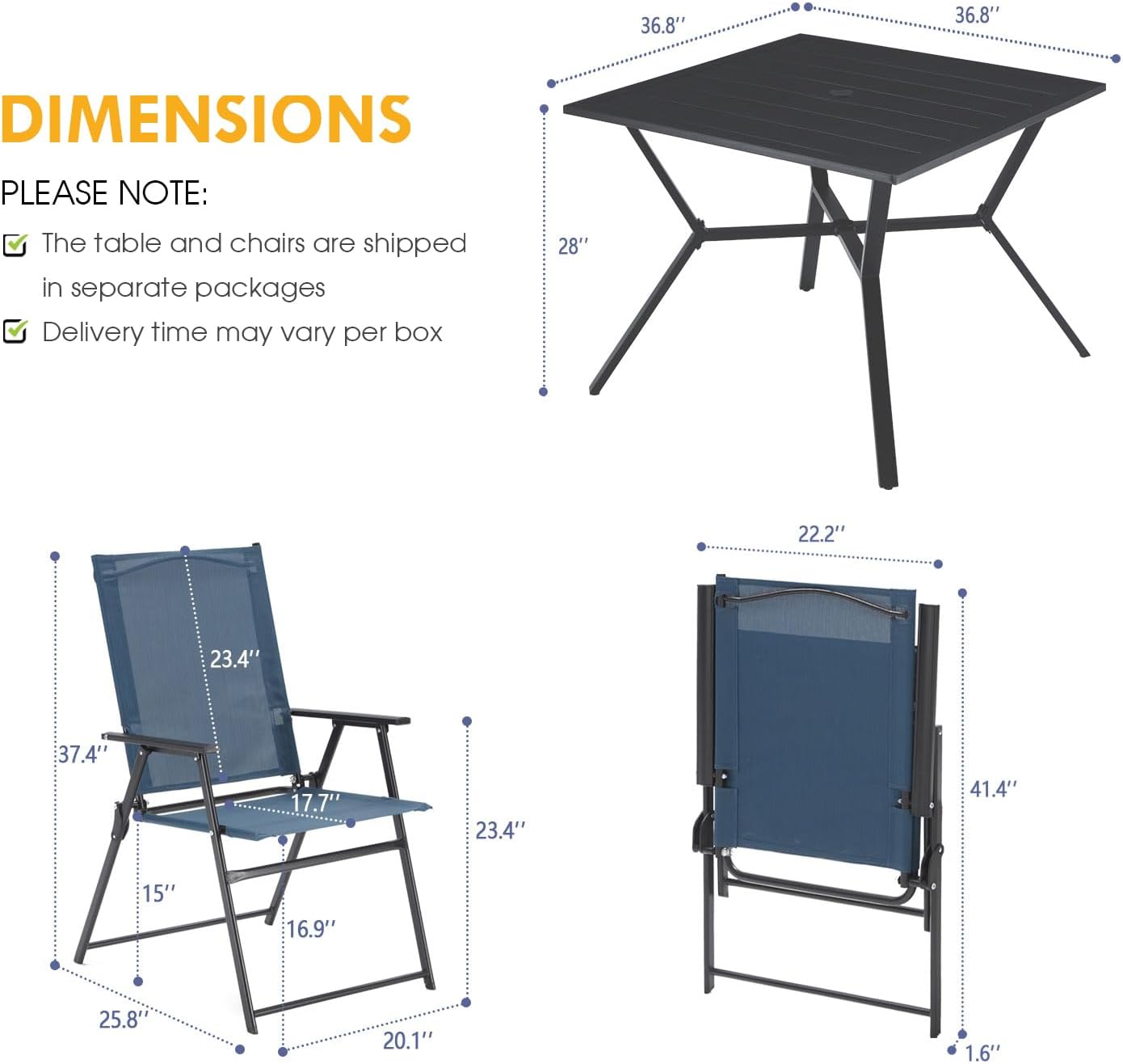 VICLLAX Juego de comedor de patio de 5 piezas, 1 mesa de comedor cuadrada con agujero para paraguas y 4 sillas plegables para patio al aire libre