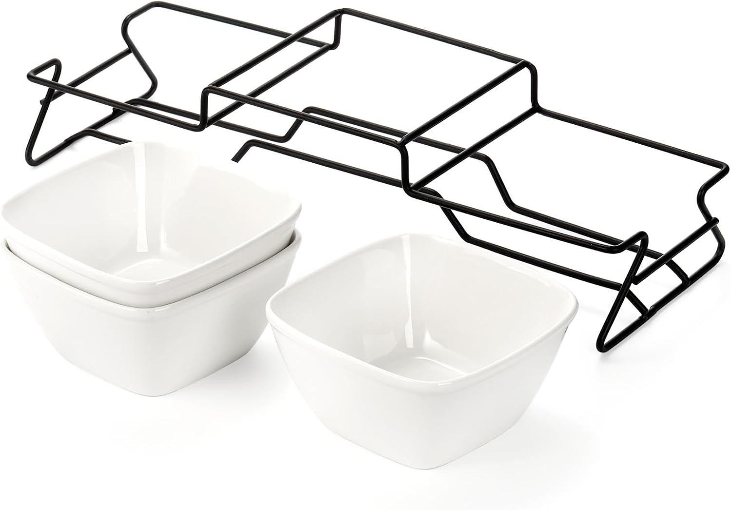 ZENFUN Juego de tazón cuadrado de 10 onzas, cuencos de ramekin de Pocelain con soporte de estante de metal, platos pequeños blancos, bandeja para