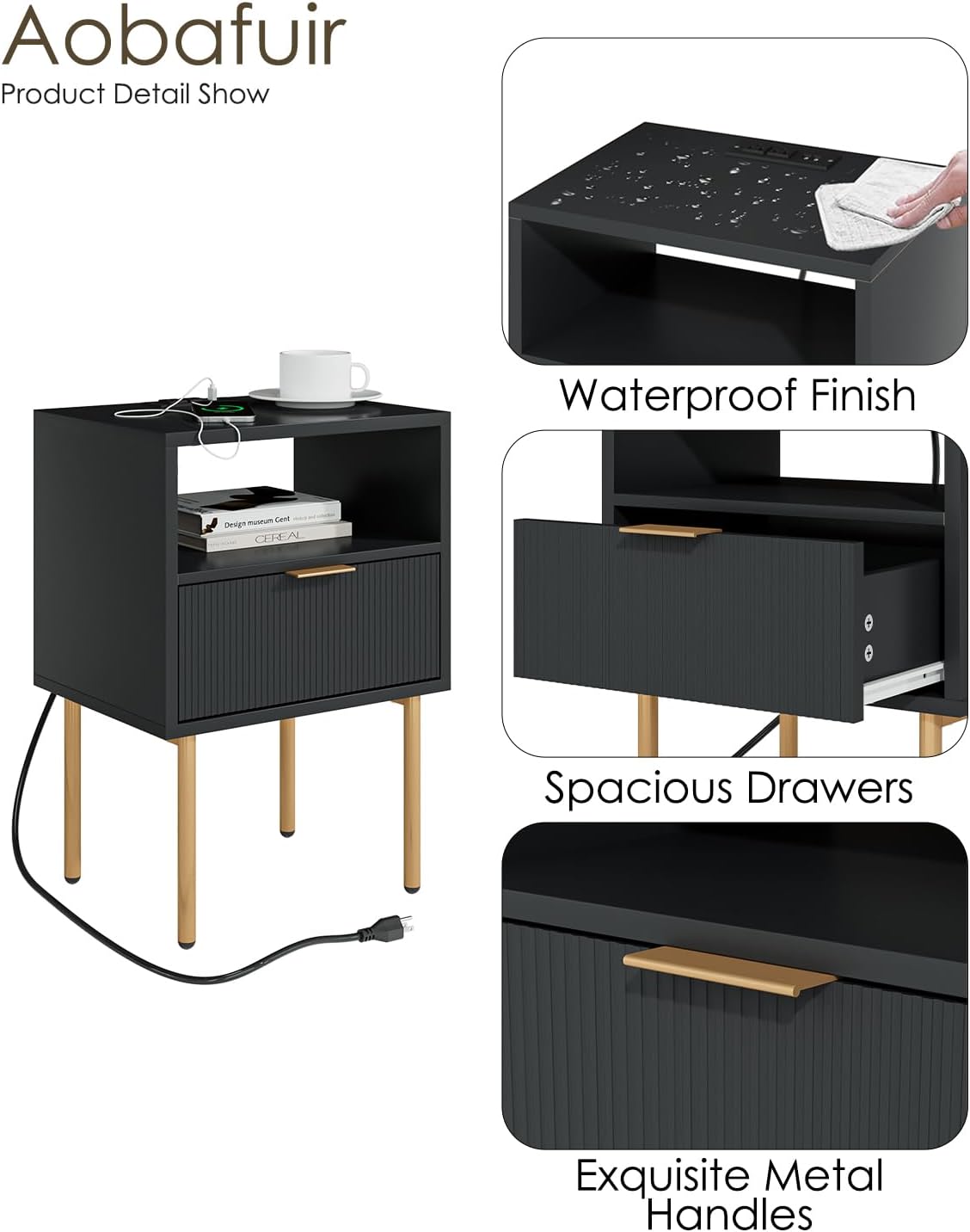 Mesita de noche con estación de carga, cómoda con cajón para dormitorio, mesa auxiliar pequeña con cajón, mesita de noche, mesa auxiliar con marco