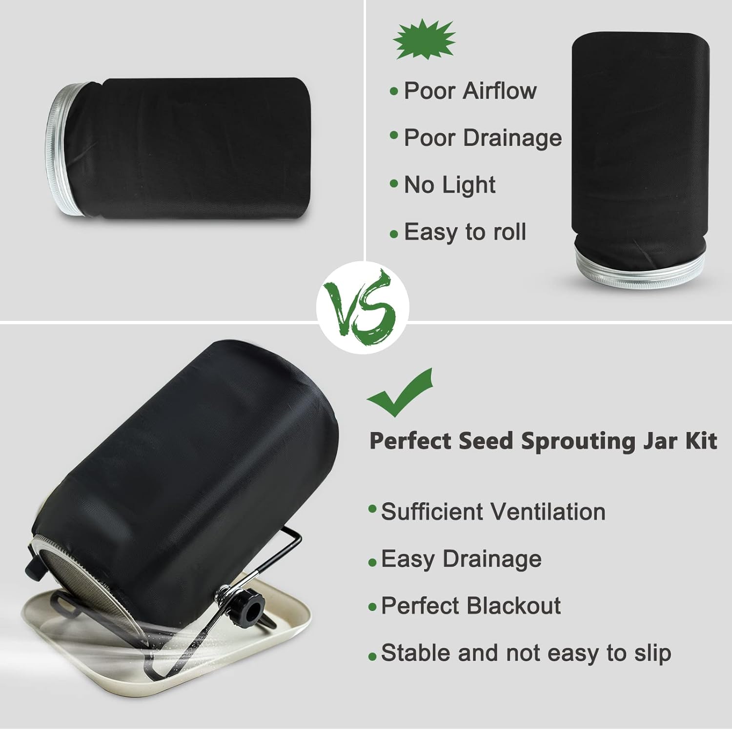 Kit de germinación, kit de 3 tarros de germinado, kit de cultivo de brotes, con 3 tapas de brote, mangas opacas, soporte para germinado, bandeja de