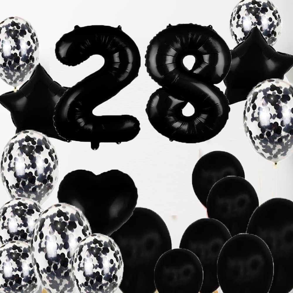 Decoraciones de cumpleaños número 28, suministros de fiesta, globos negros del número 28, globos de aluminio de Mylar de 28  decoración de globos de