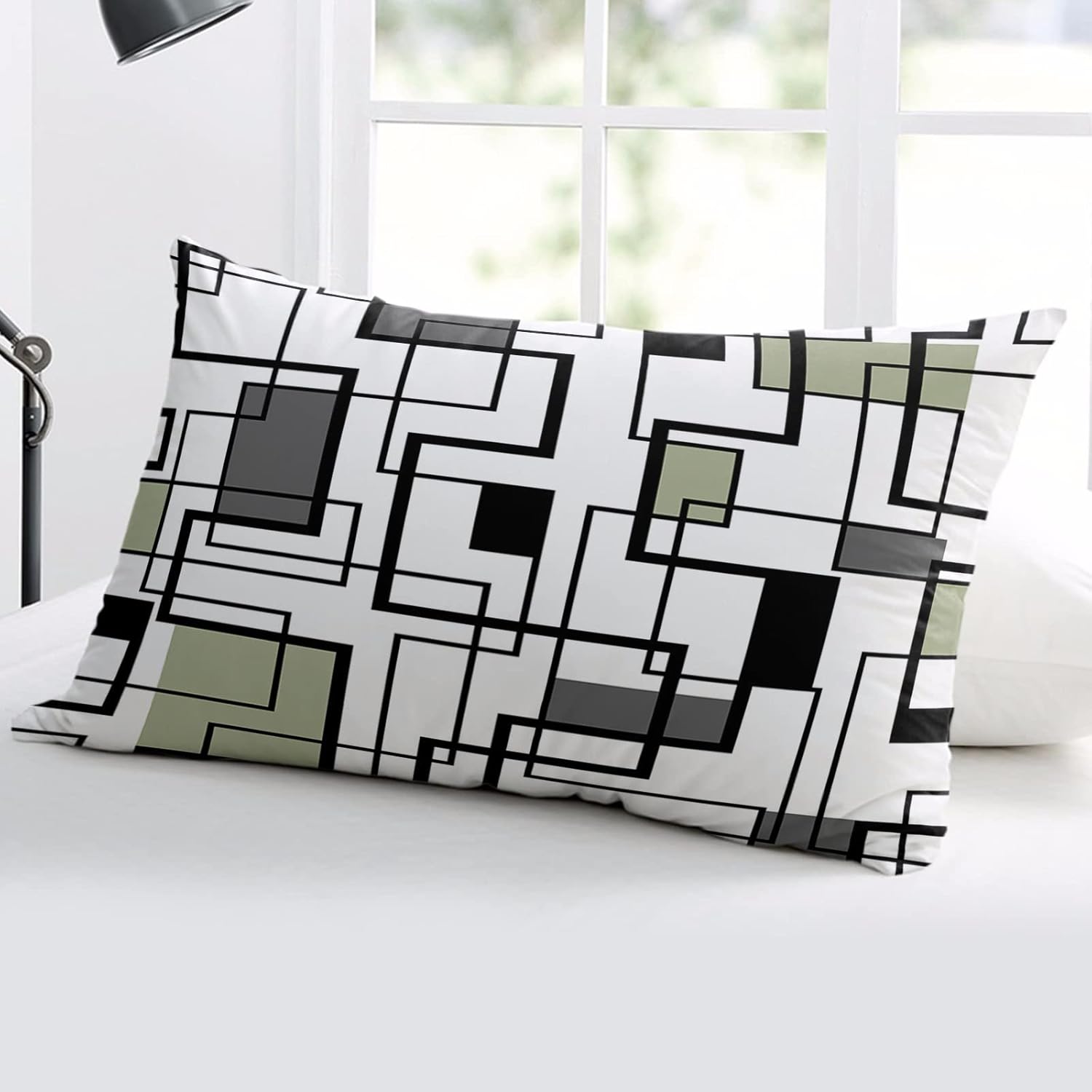 Sage Green Geometric Pillow Covers, Linen Long Throw Pillow Case, Black Gray Modern Abstract Art Holiday Pillow Protector Decorative Cushion Cover